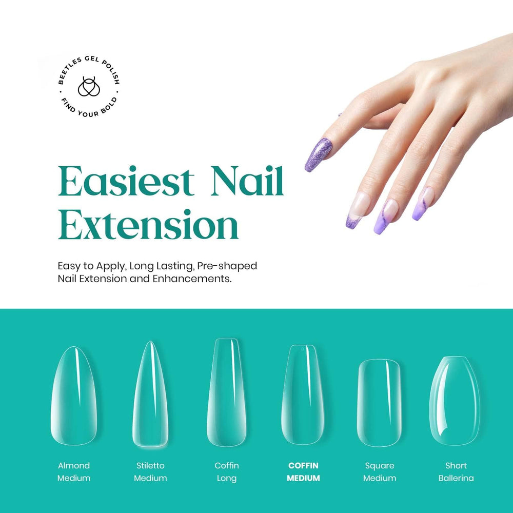 Beetles Gel Nail Tips layout showing 10 sizes with 50 tips each for precise fitting