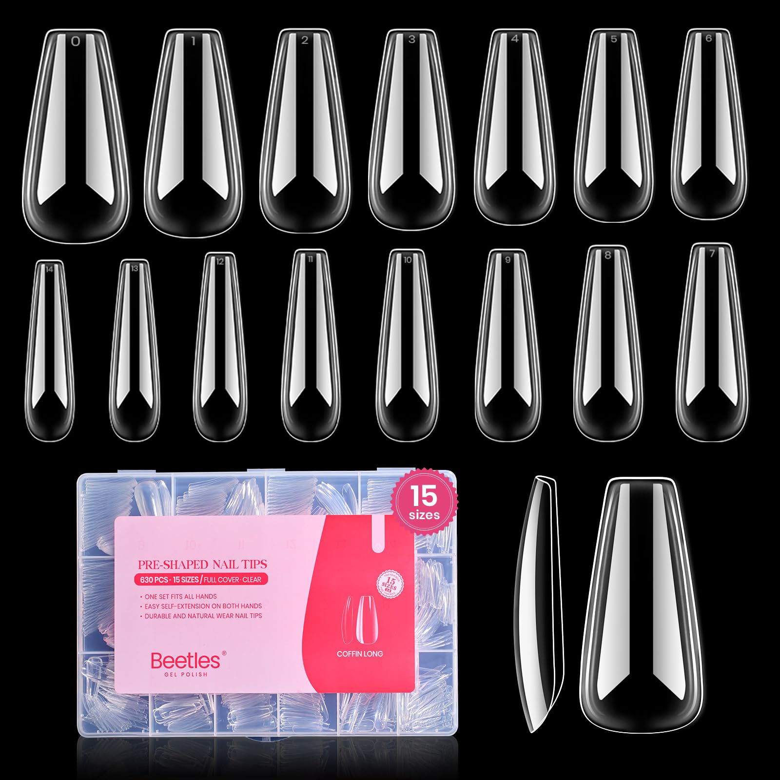 Beetles Gel Nail Tips coffin nails in 15 sizes for precise gel extensions at home.