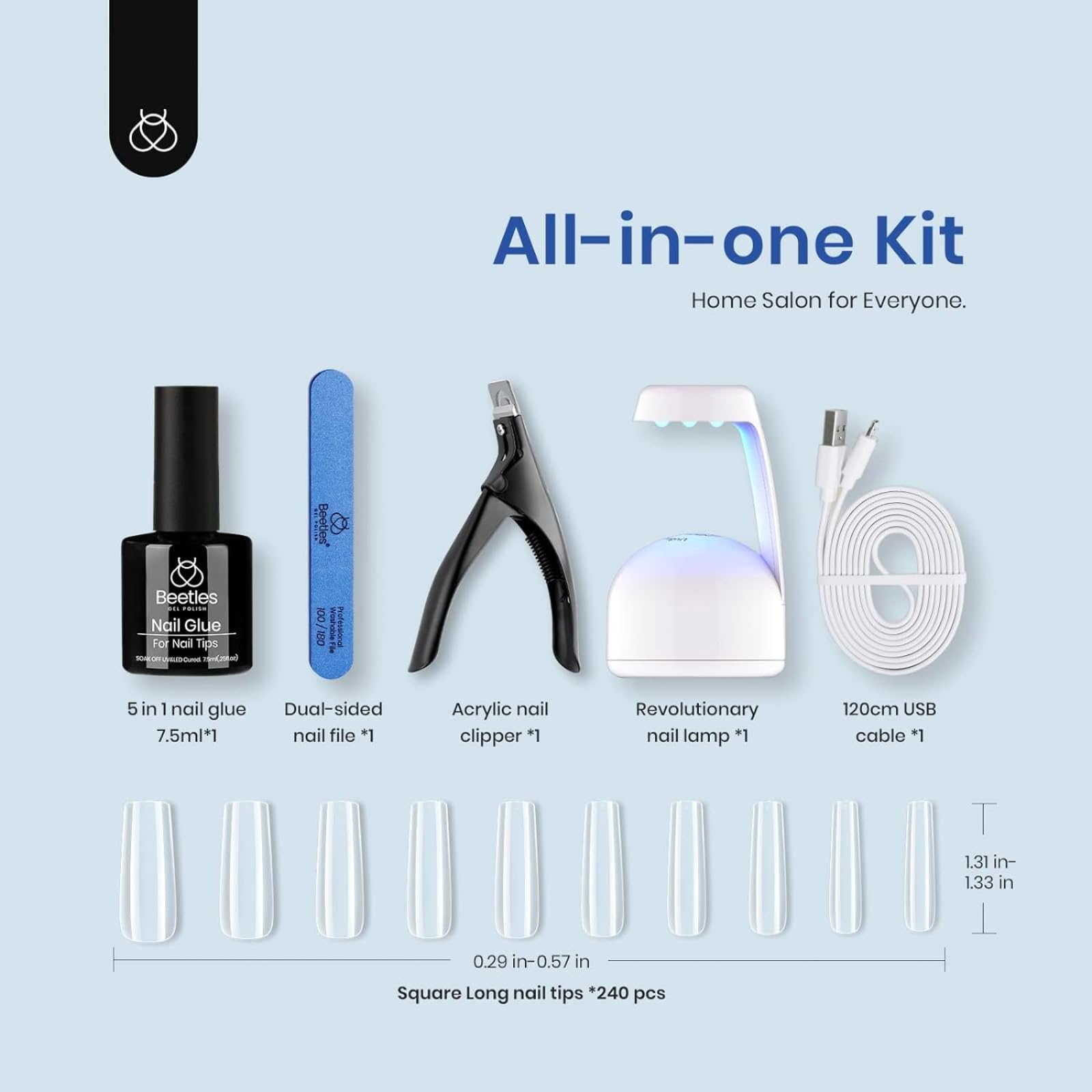 Beetles Gel Nail Tips 240-pcs set with 10 sizes enables precise natural-looking extensions.