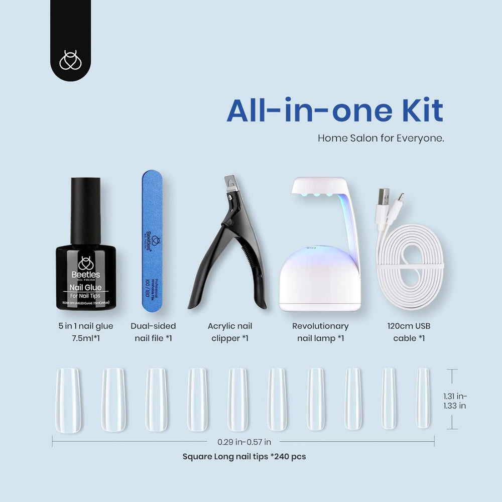 Beetles Gel Nail Tips 240-pcs set with 10 sizes enables precise natural-looking extensions.
