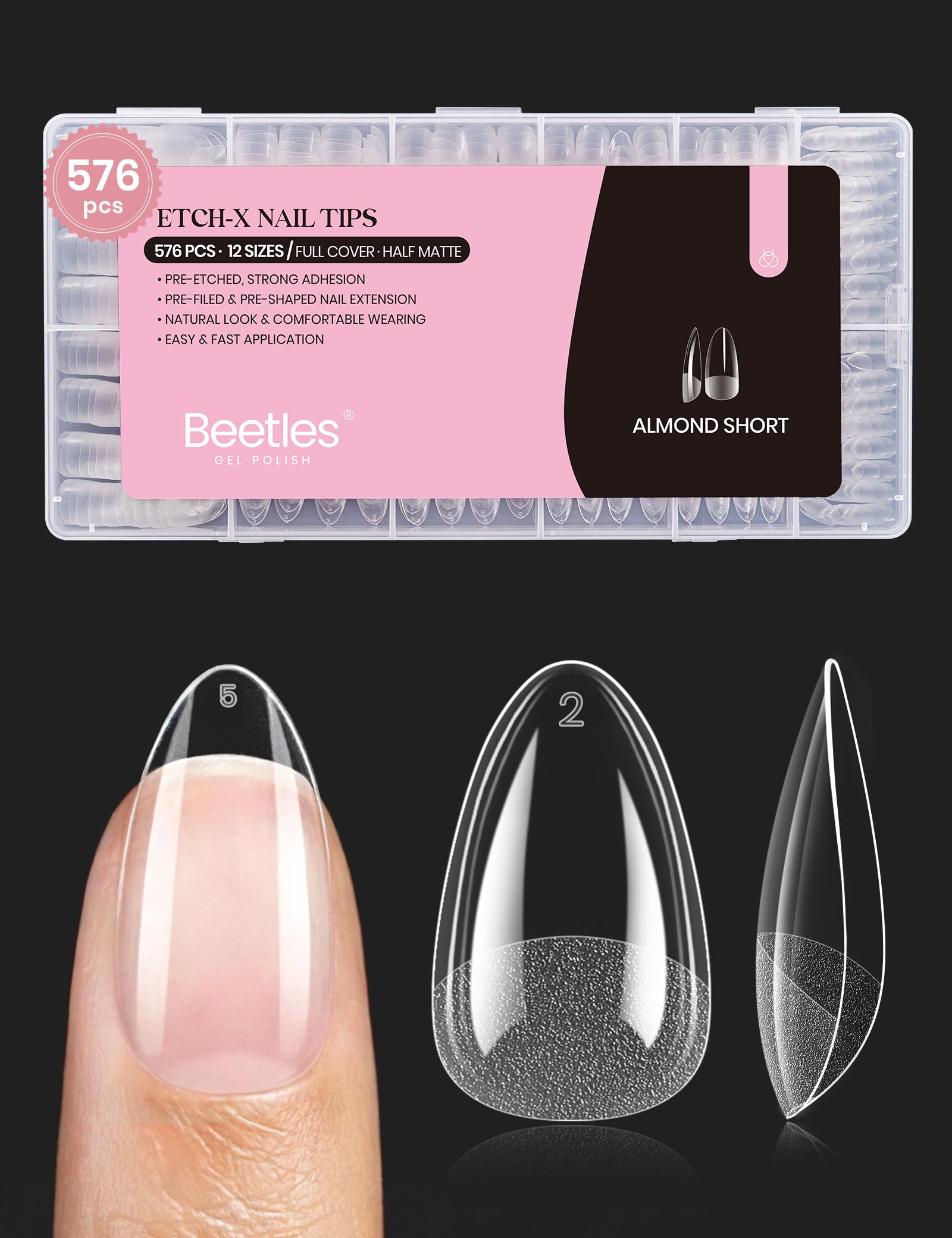 Beetles gel nail tips almond-etch-x durable extensions for long-lasting manicures
