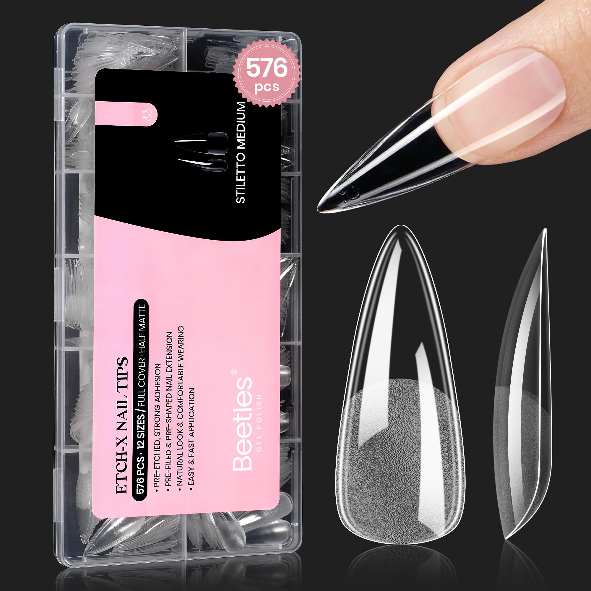 Beetles Gel Nail Tips Etch-X Stiletto Medium 576pcs set for easy DIY manicures.