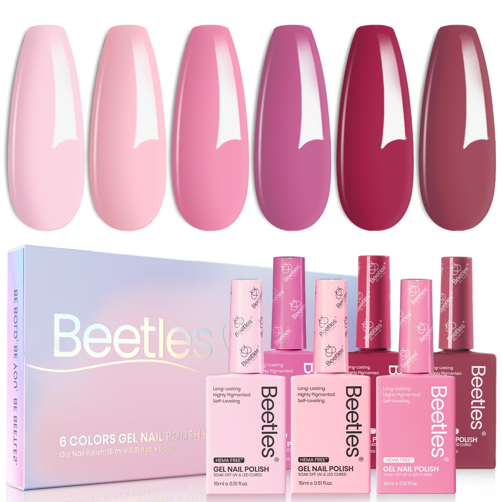 Beetles six pink-nude colors arranged for easy DIY home manicure.