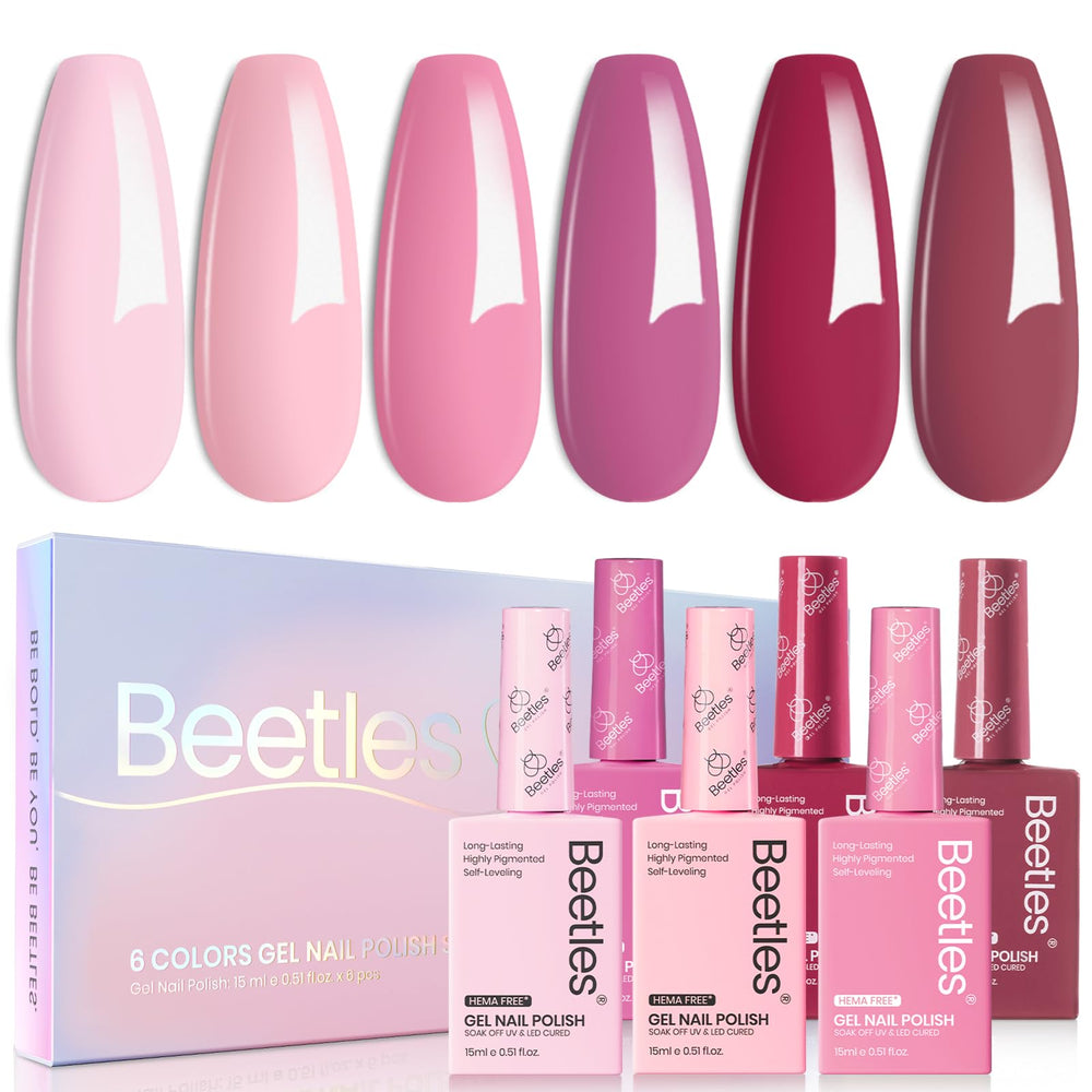 Beetles six pink-nude colors arranged for easy DIY home manicure.