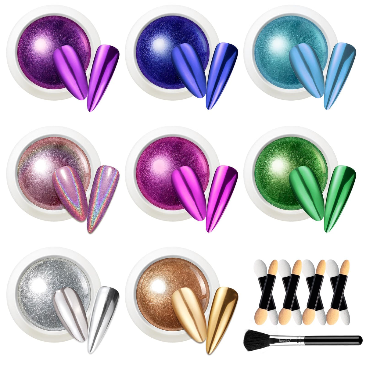 Beetles Gel Polish 8-color chrome powder kit for dramatic mirror nails.