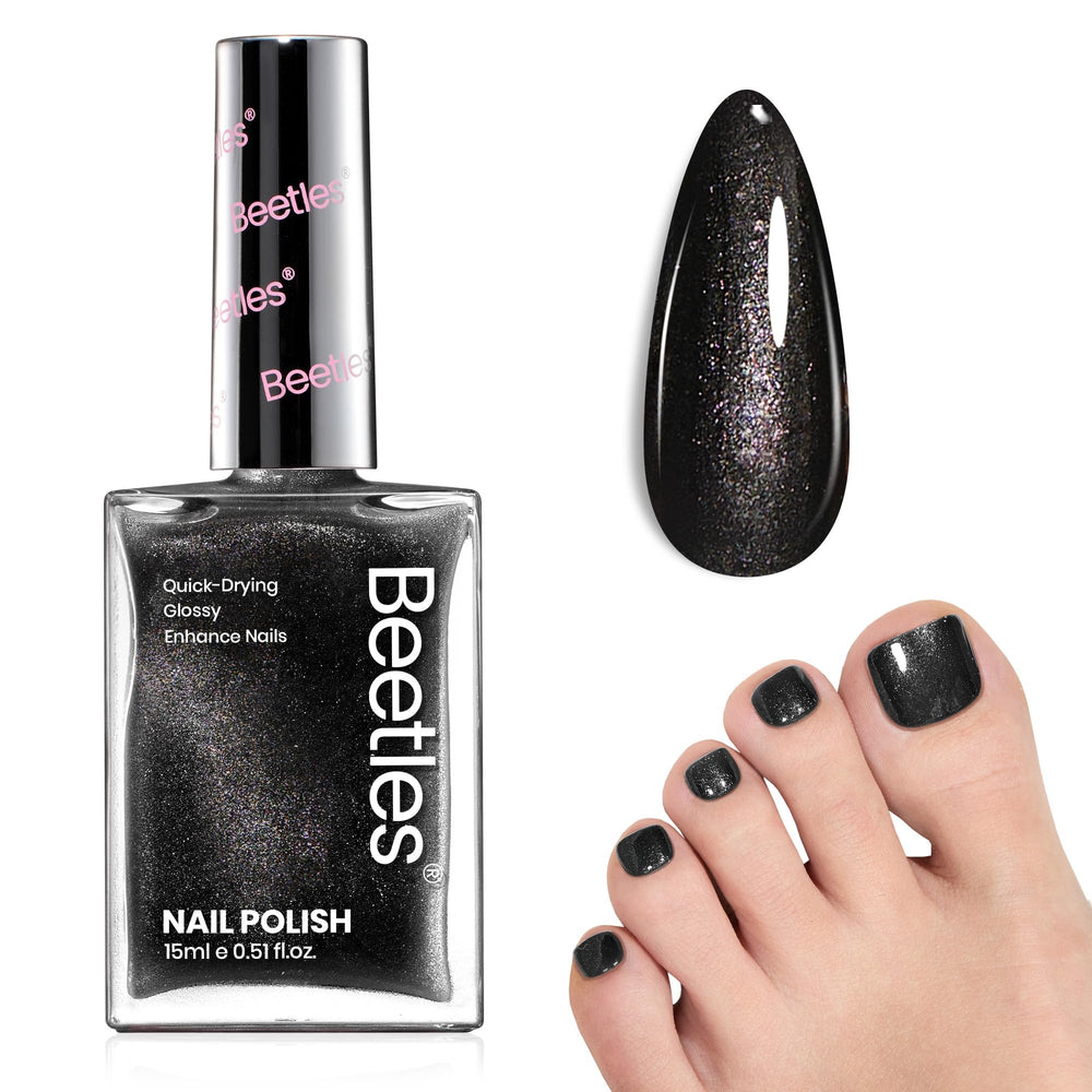 Beetles Gel Polish black glitter bottle shows fast-dry formula ideal for quick holiday nails