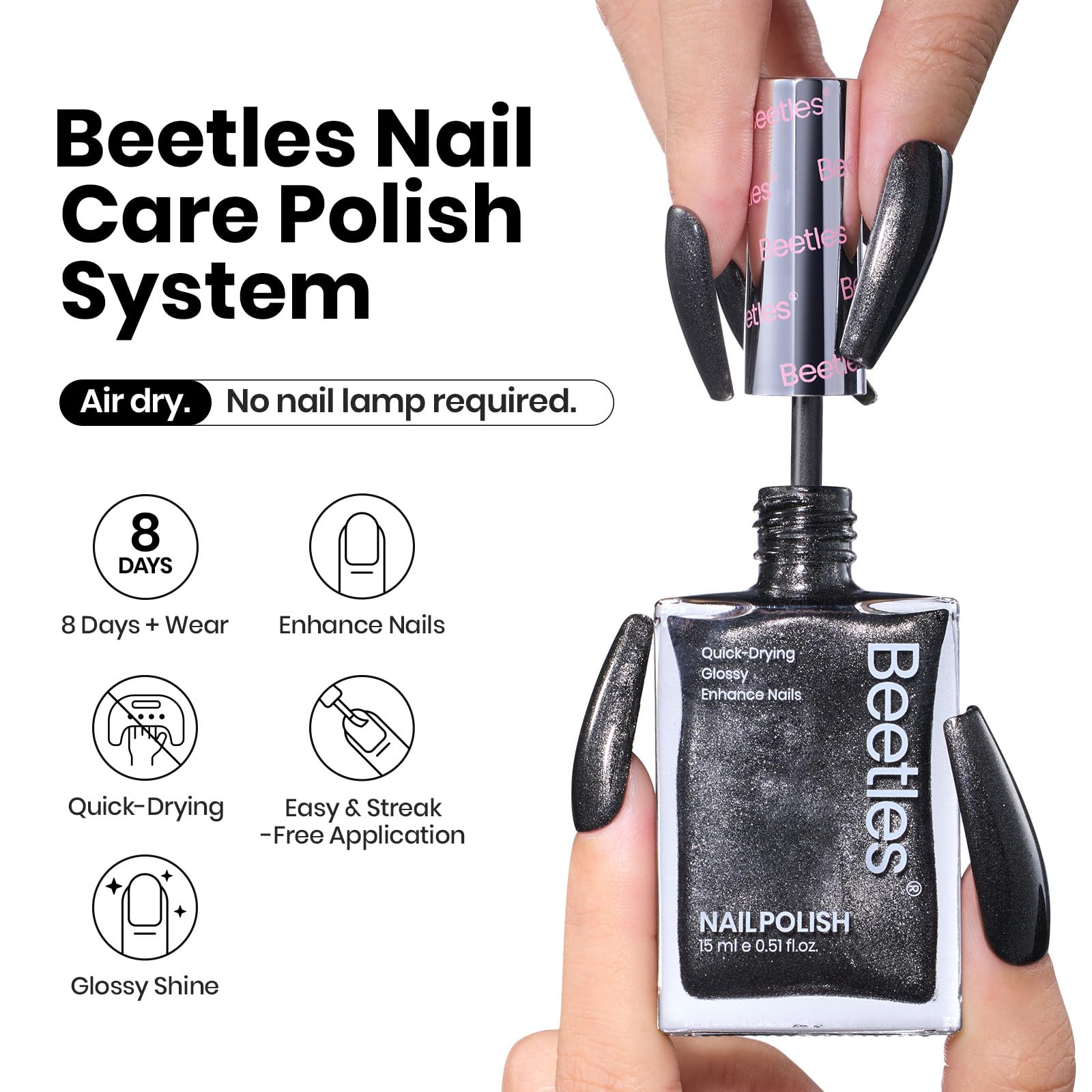 Beetles Gel Polish black glitter brush-on nail swatch demonstrates a glossy, high-shine finish