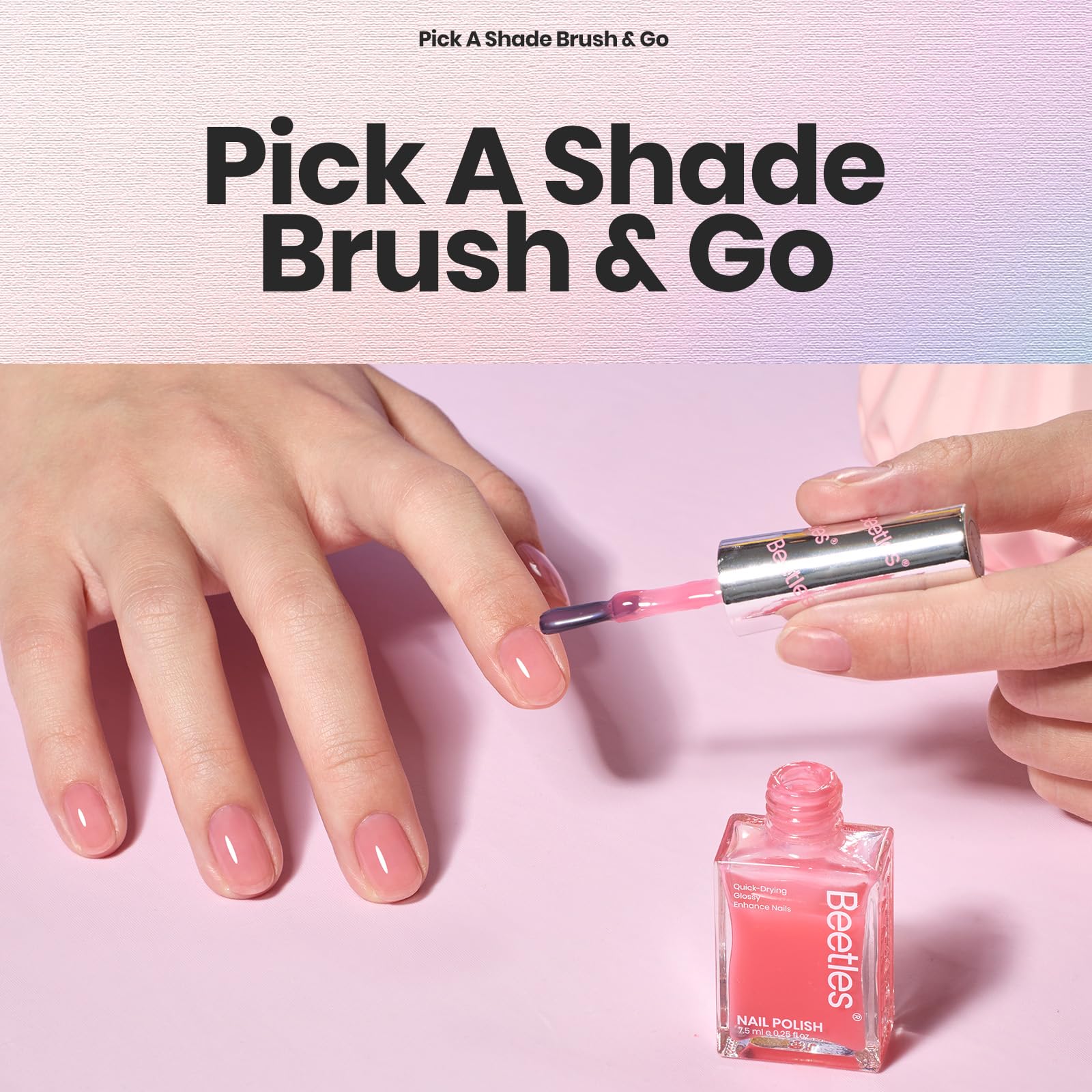 Beetles Gel Polish brush-applicator demonstrates easy self-leveling for DIY nails.