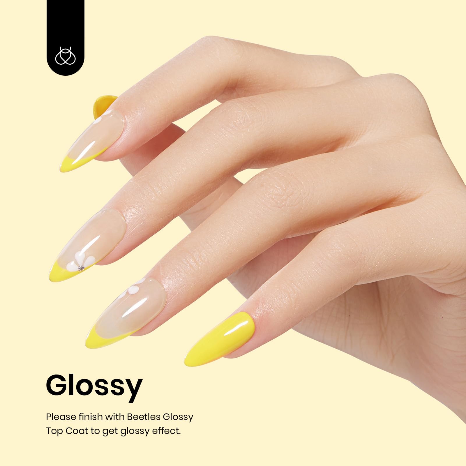 Beetles Gel Polish Canary Yellow on hand demonstrates long-lasting color and glossy finish