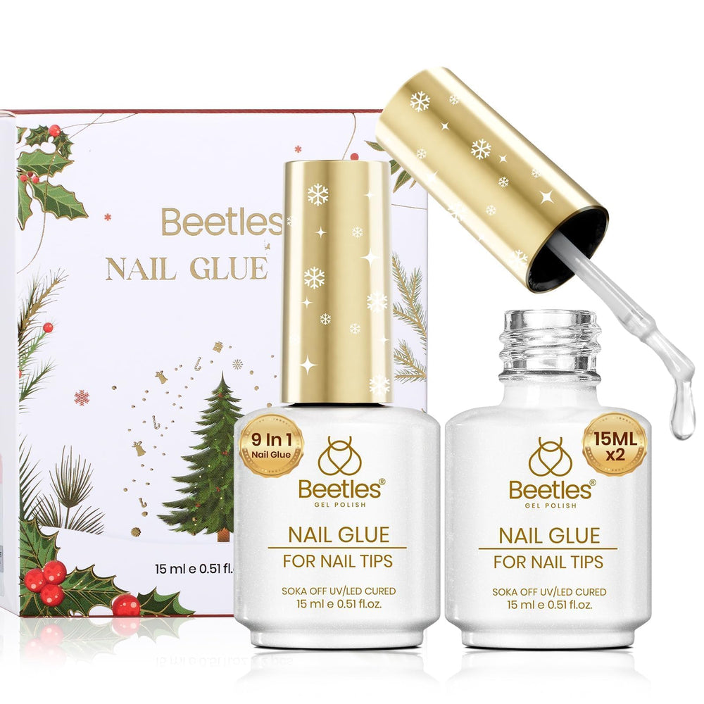 Beetles gel polish Christmas glue pack closeup shows clear, precise adhesion for tips