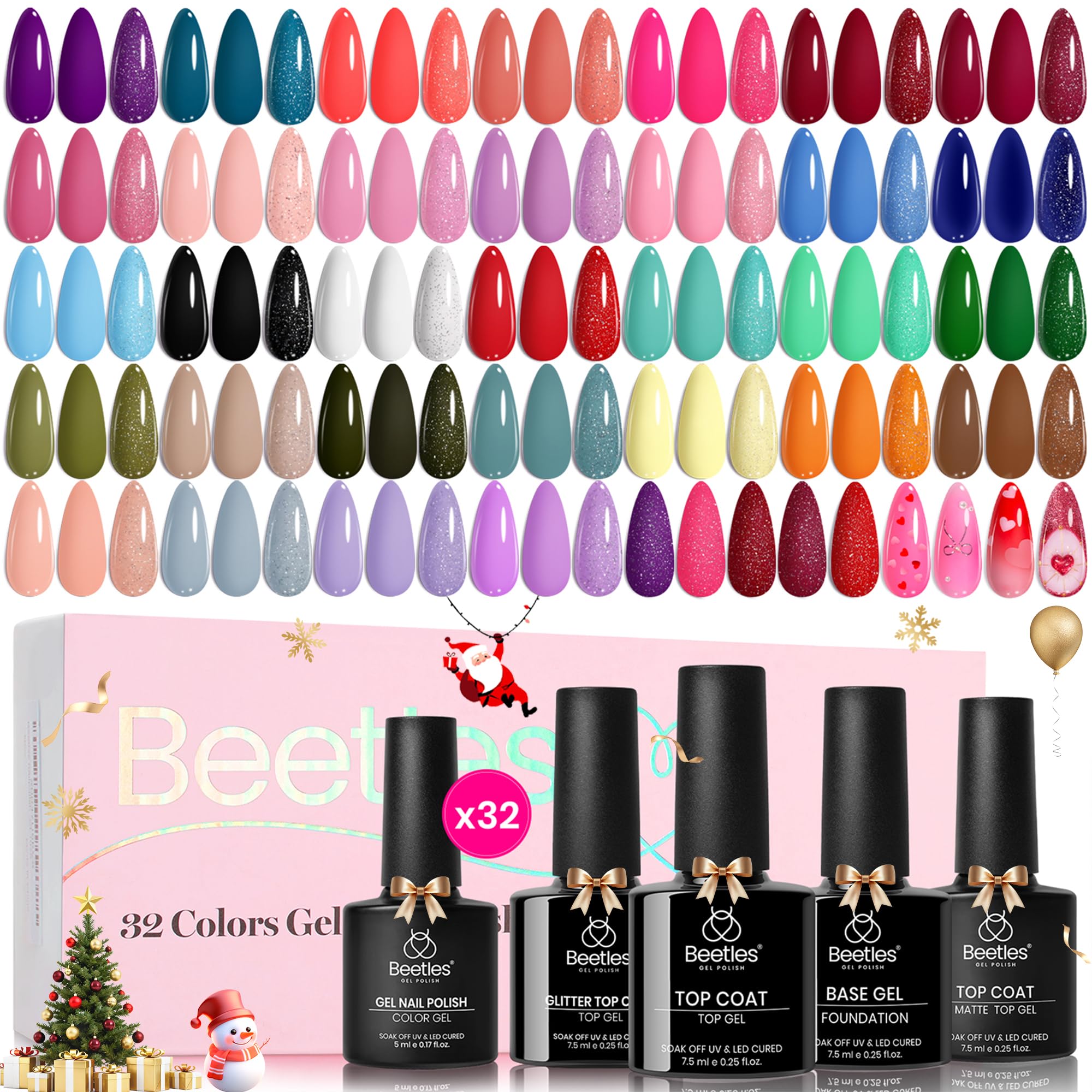 Beetles Gel Polish Christmas Set color swatches show 32 winter hues for versatile holiday looks.