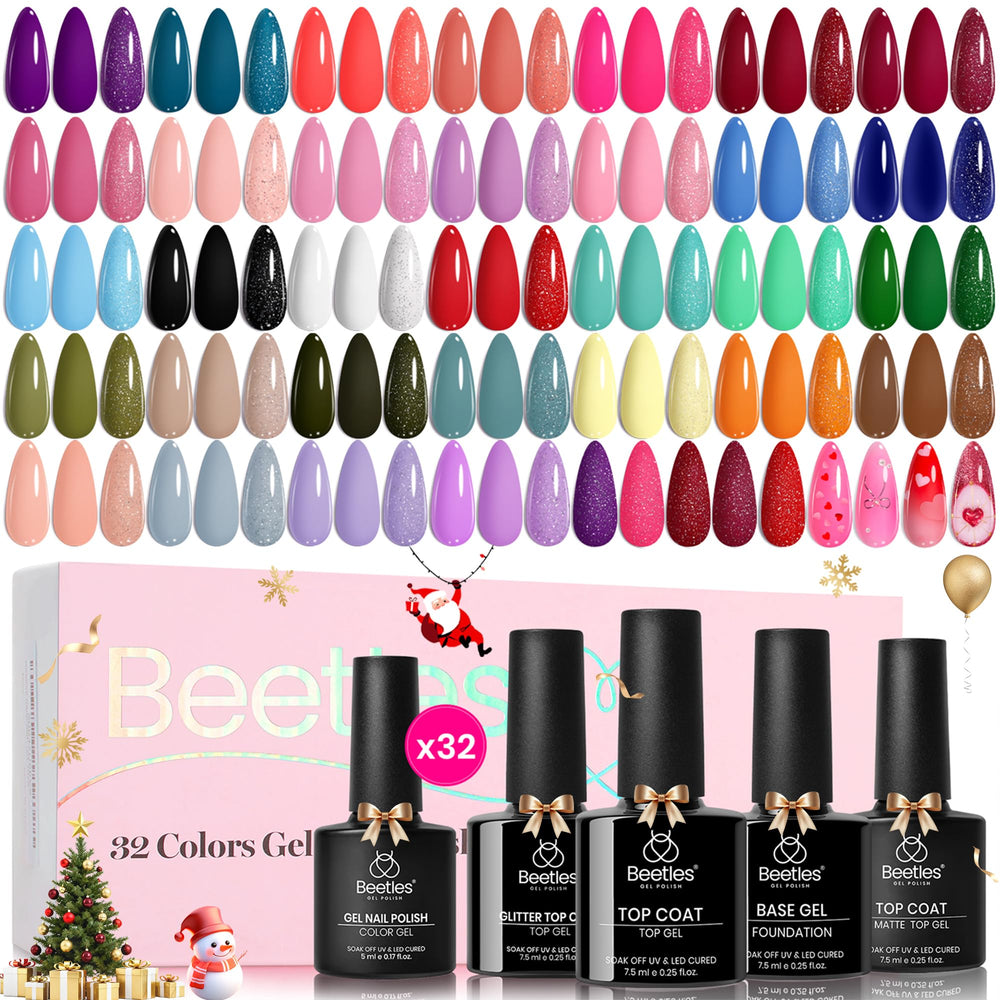 Beetles Gel Polish Christmas Set color swatches show 32 winter hues for versatile holiday looks.