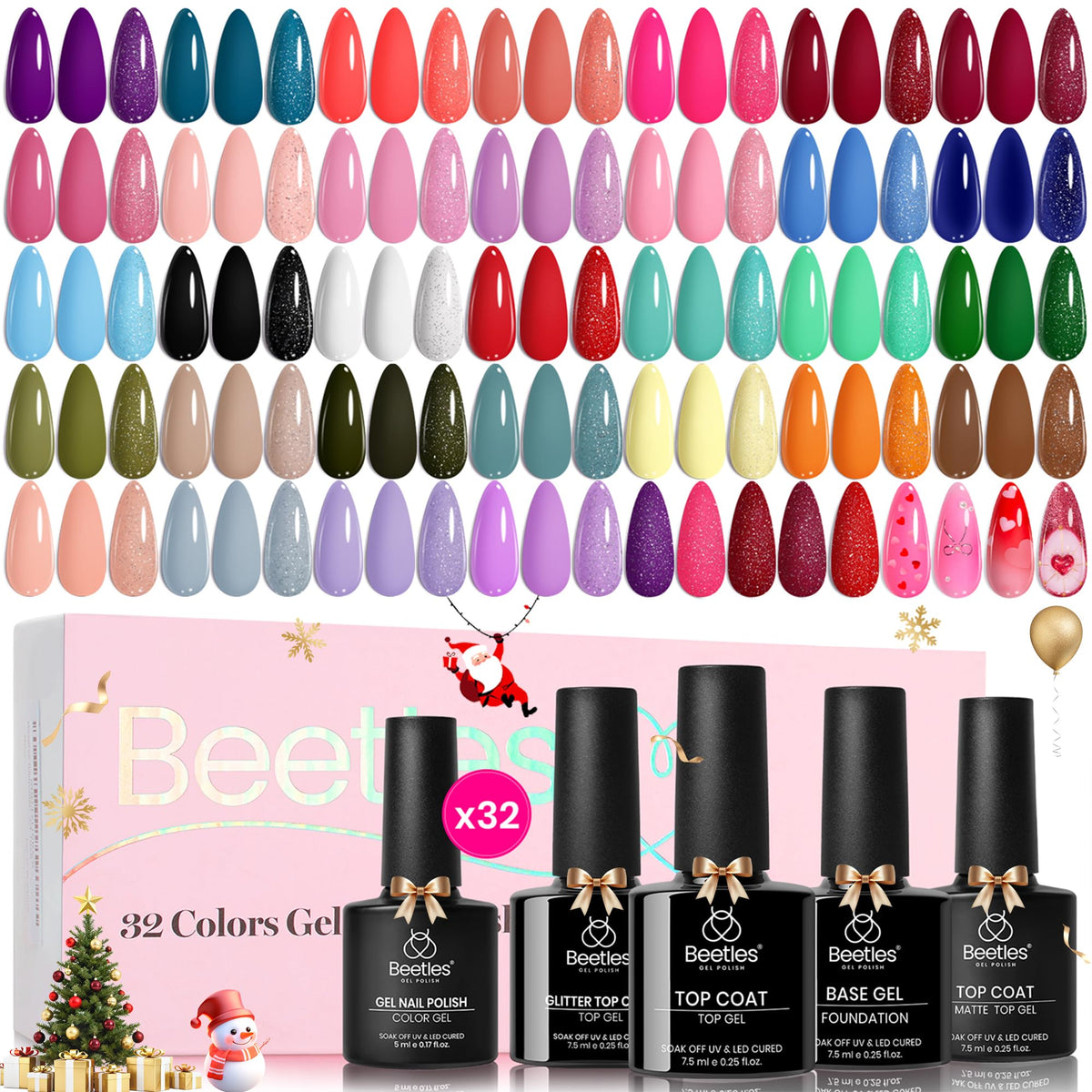 Beetles Gel Polish Christmas Set color swatches show 32 winter hues for versatile holiday looks.