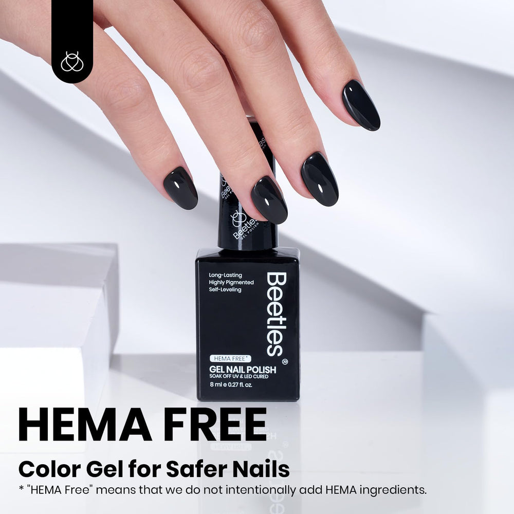 Beetles Gel Polish Classic Black nails showcase glossy winter-ready finish.