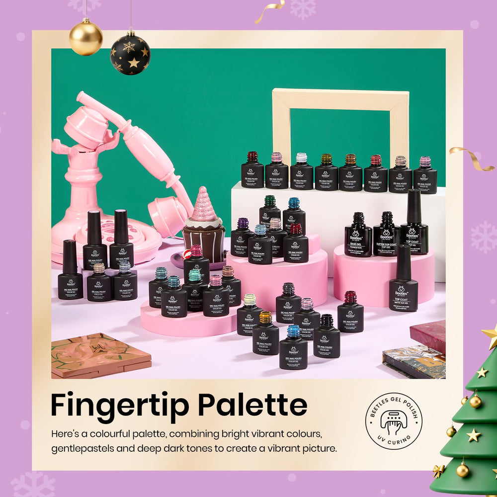 Beetles Gel Polish color bottles display on nails for mix-and-match holiday styles.