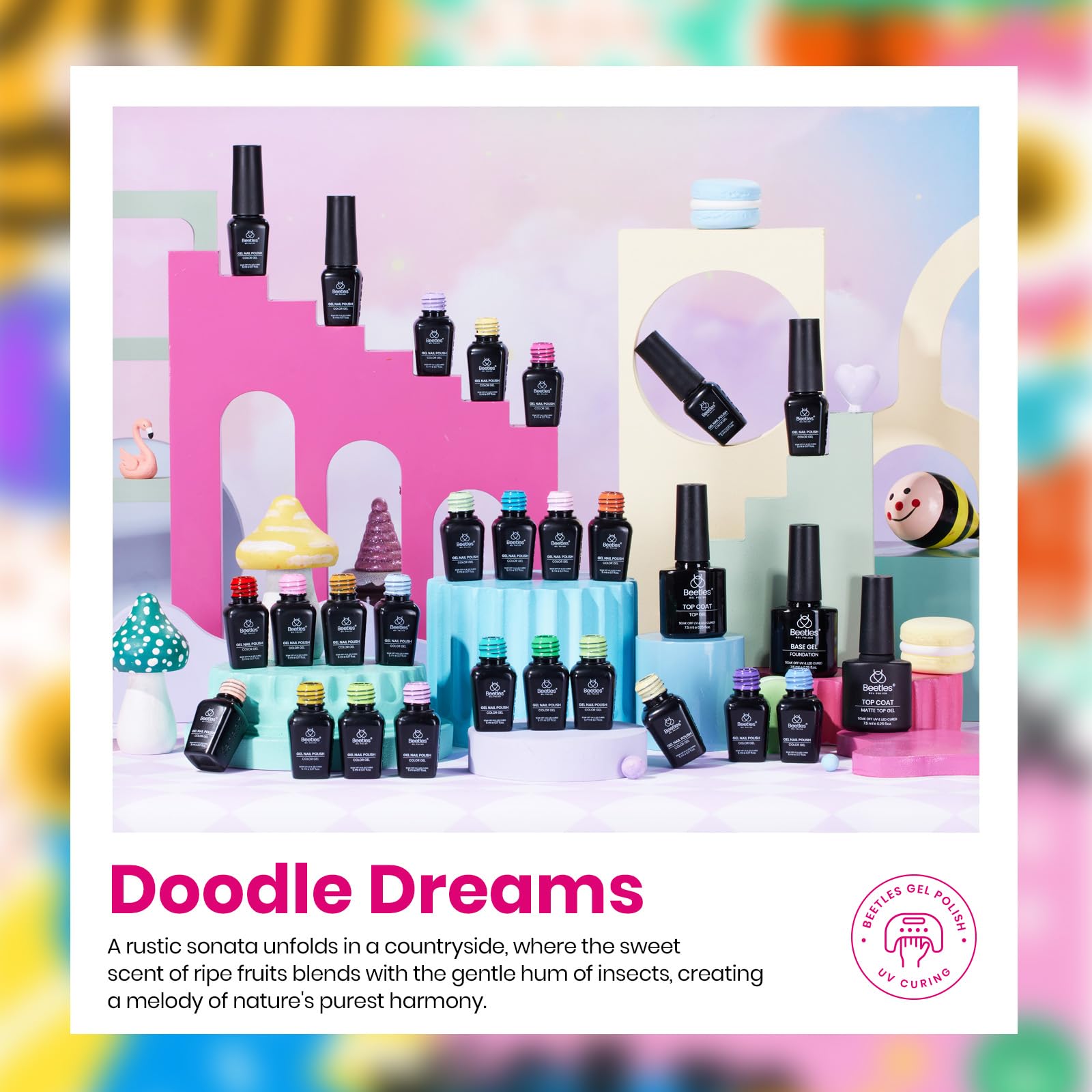 Beetles Gel Polish Doodle Dreams top coat matte shows a velvet-matte look.