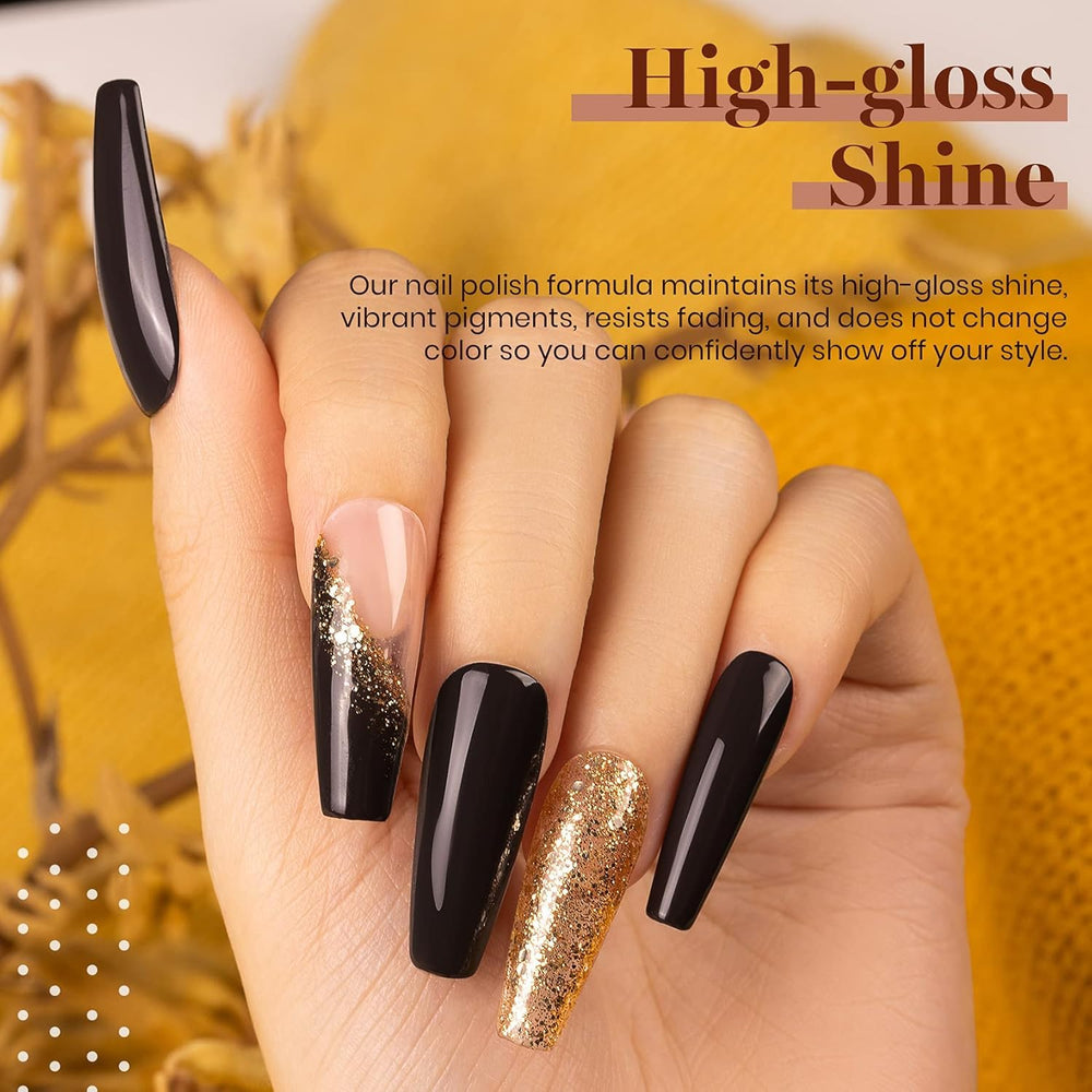 Beetles Gel Polish Fall Set yellow-gold-glitter-swatch adds glamorous sparkle for party nails.