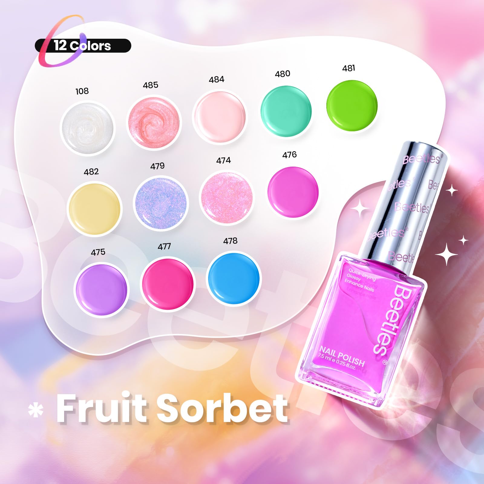 Beetles Gel Polish fast-dry bottle closeup; dries in minutes for on-the-go touchups.