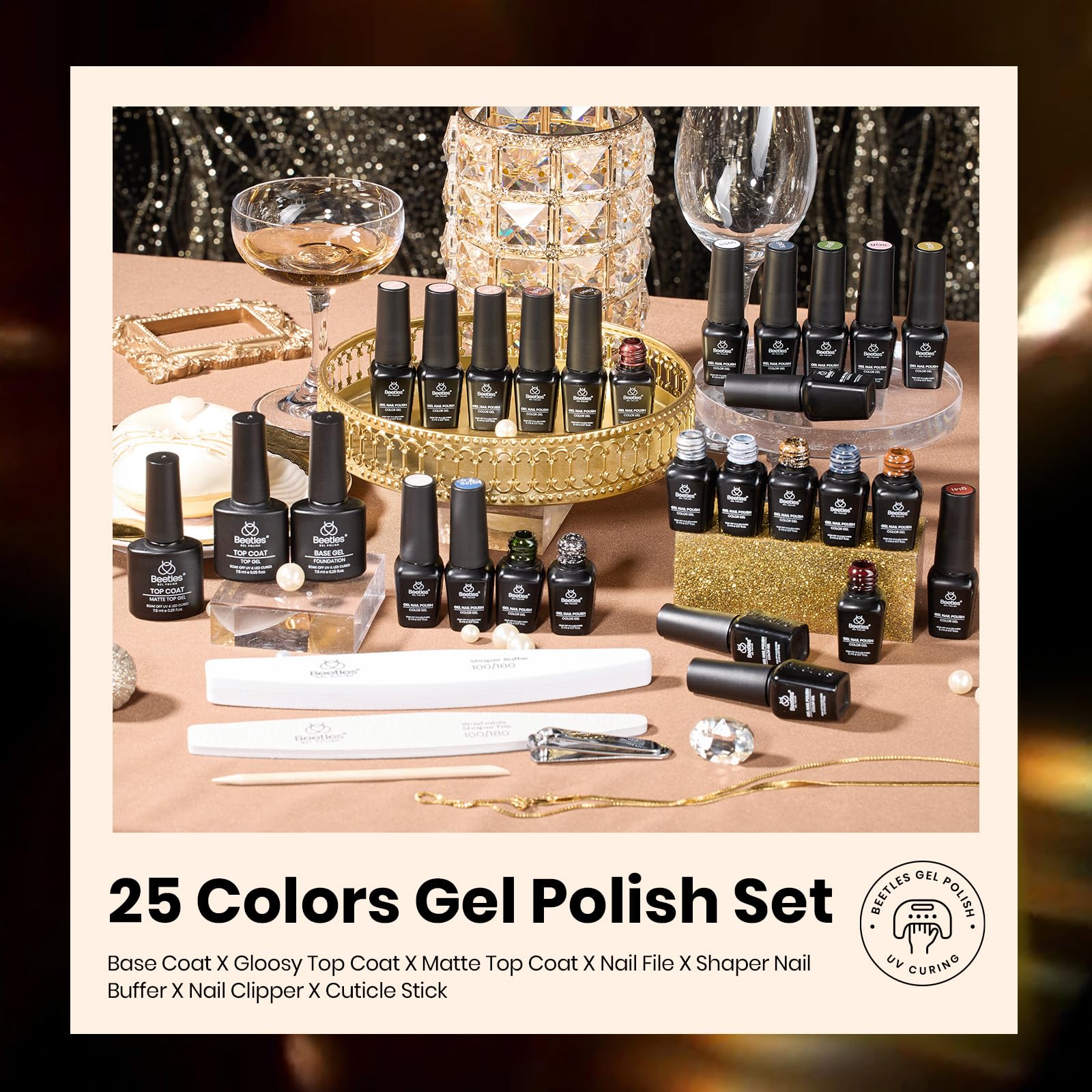 Beetles glitter colors showcase festive nail art with shimmering accents.