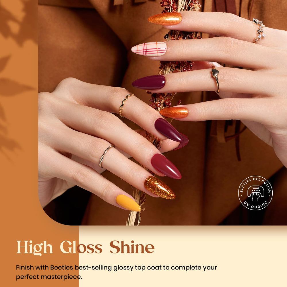 Beetles Gel Polish fall set swatches showing burgundy, brown, and yellow tones