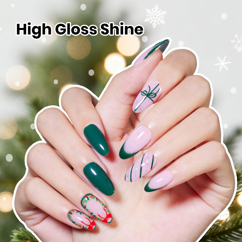 Beetles gel polish green glitter bottle with festive shimmer.