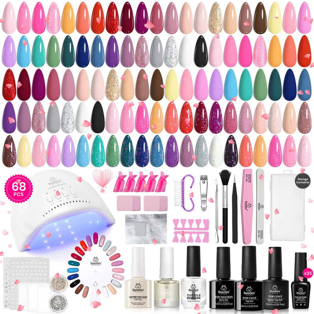 Beetles Gel Polish Kit 68-pcs collection offers vibrant DIY nail color at home.