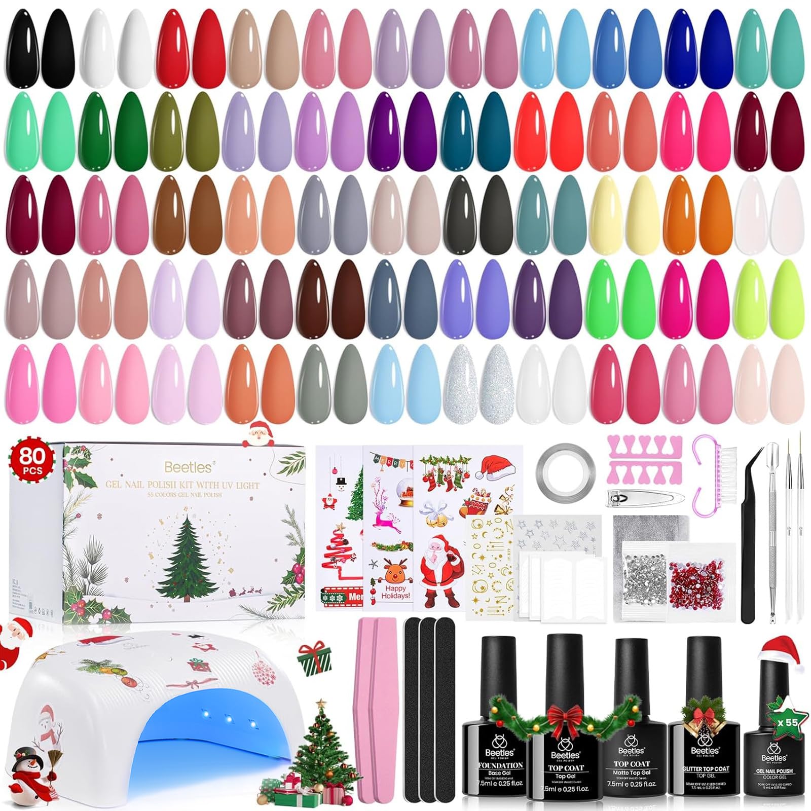 Beetles Gel Polish Kit 80-Pcs Christmas Box Closeup: gift-ready packaging and color variety.