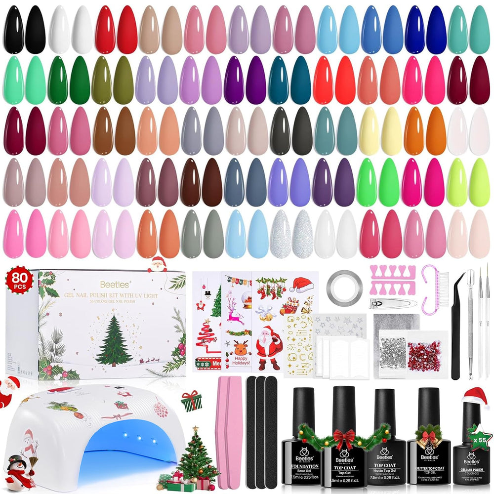 Beetles Gel Polish Kit 80-Pcs Christmas Box Closeup: gift-ready packaging and color variety.