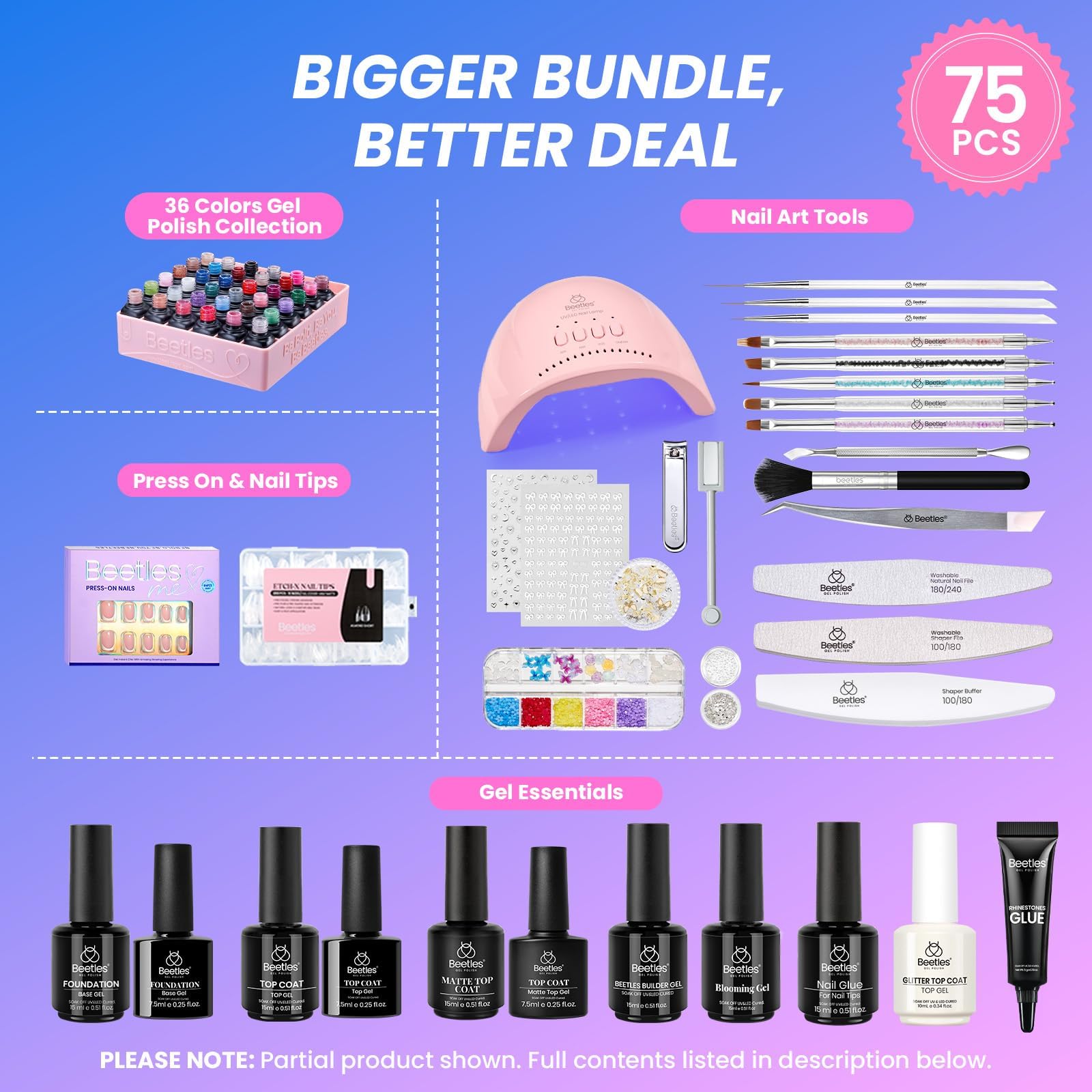 Beetles Gel Polish Kit color swatches showcasing 36 shades for variety.