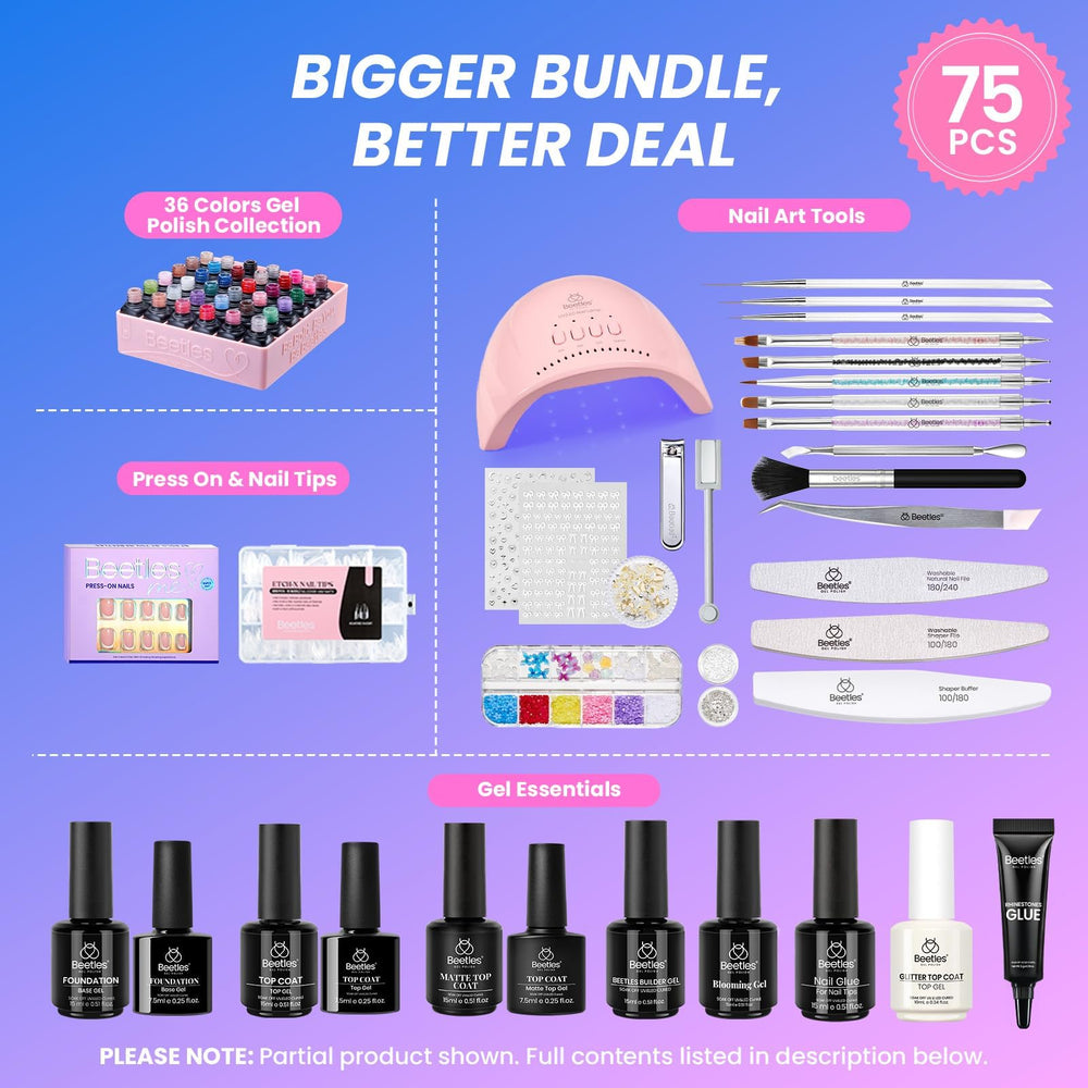 Beetles Gel Polish Kit color swatches showcasing 36 shades for variety.