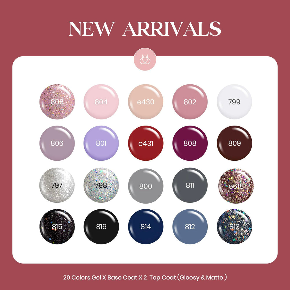 Beetles Gel Polish Kit nude-gray-pink-blue-glitter shades ideal for chic everyday looks.