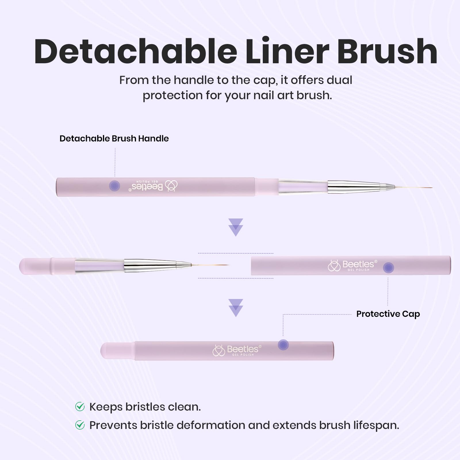 Beetles Gel Polish liner brush ergonomic purple handle reduces fatigue during detail work.