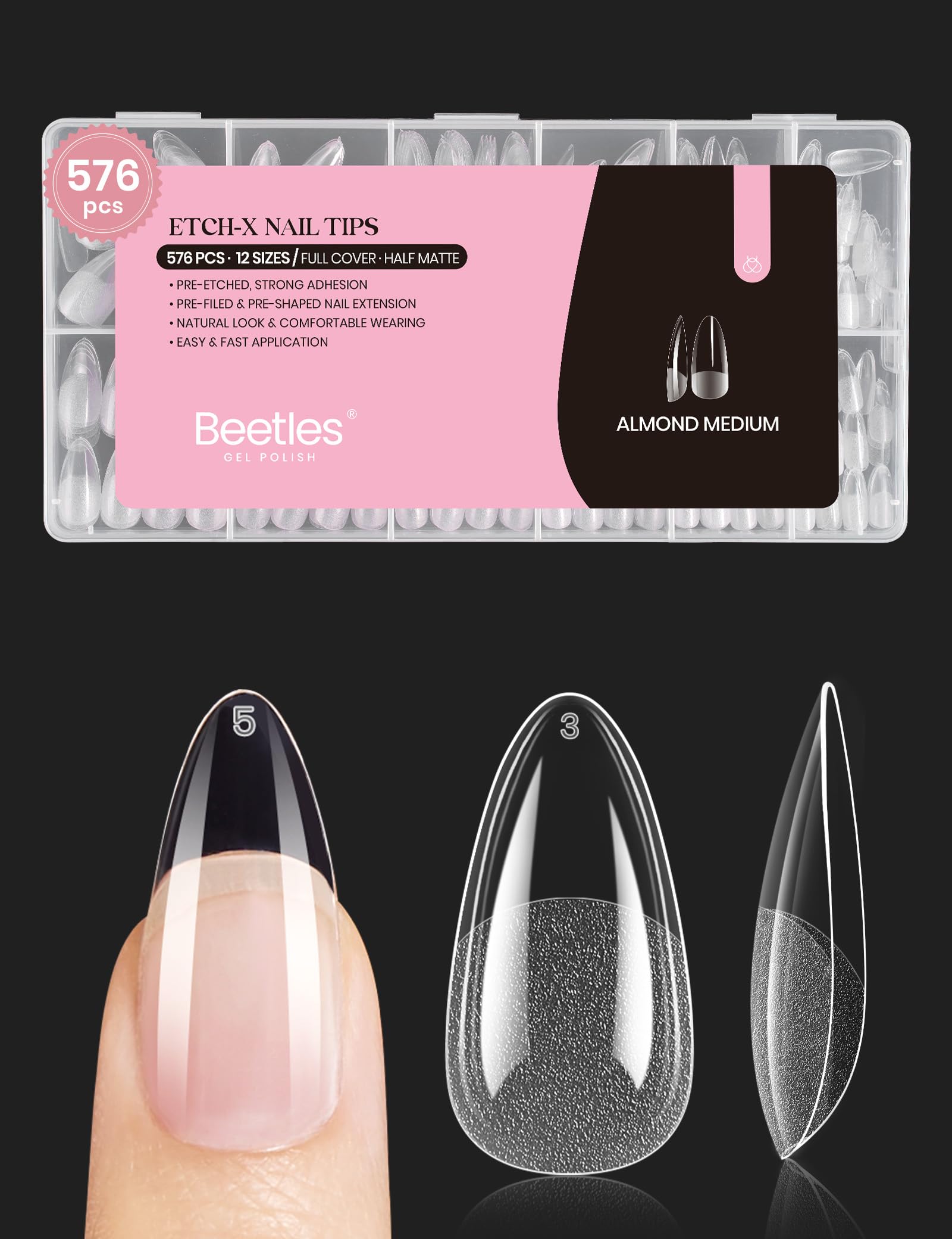 Beetles Gel Polish medium almond nail tips pack shot for clear full-cover extensions.