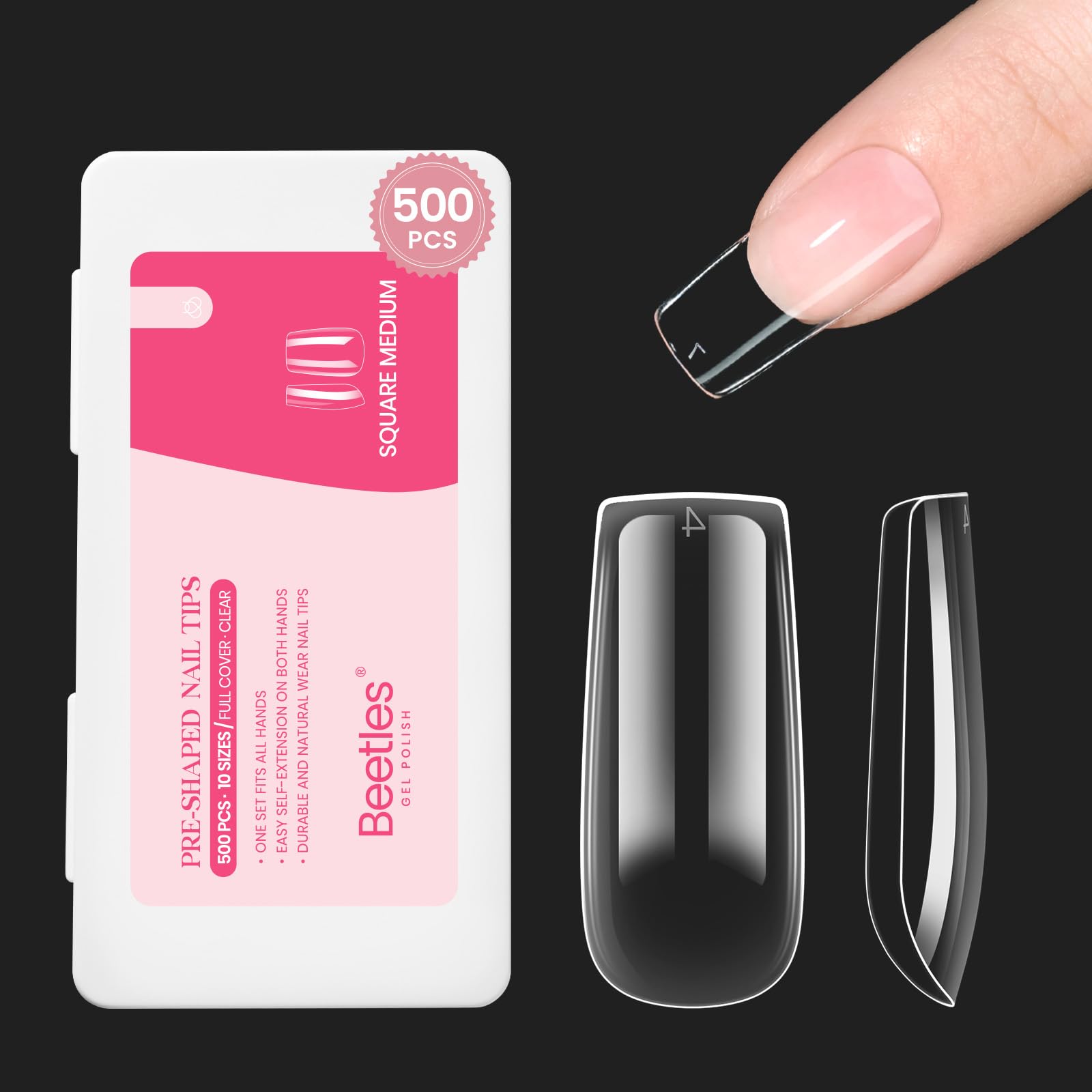 Beetles Gel Polish medium square nail tips in a 500-piece set, durable and salon-ready.