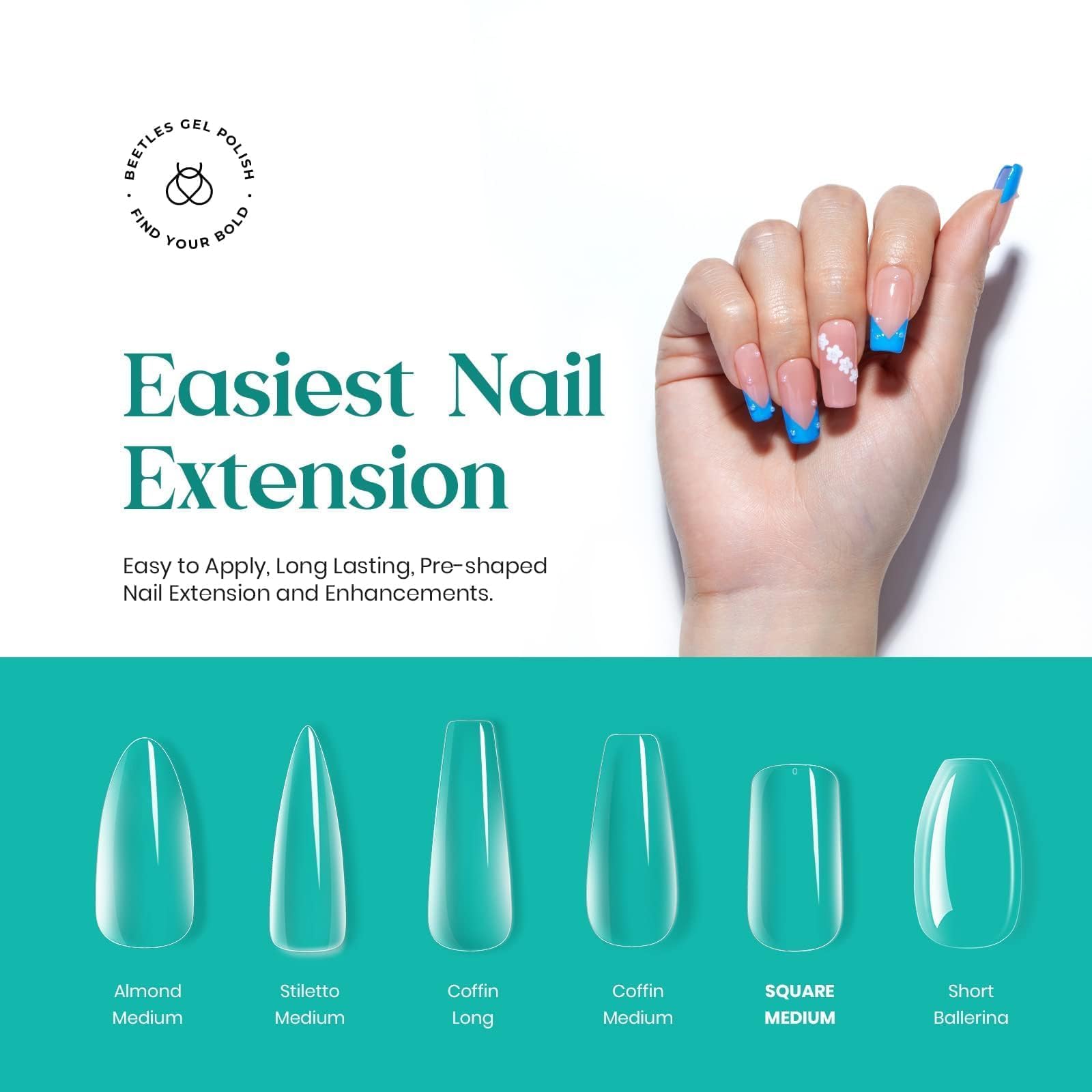 Beetles Gel Polish clear full-cover tips for natural-looking extension and smooth finishes.