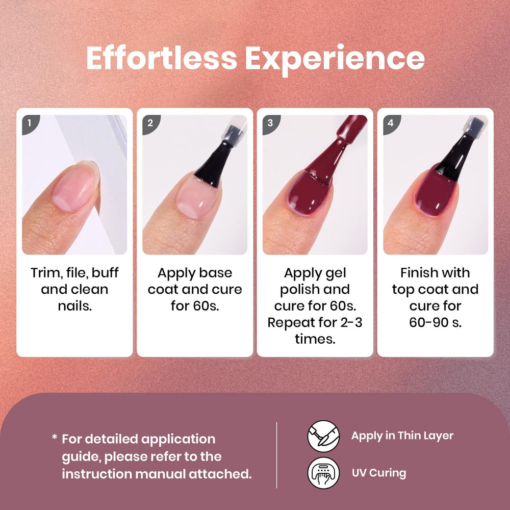 Beetles Gel Polish application on nails demonstrates self-leveling finish.