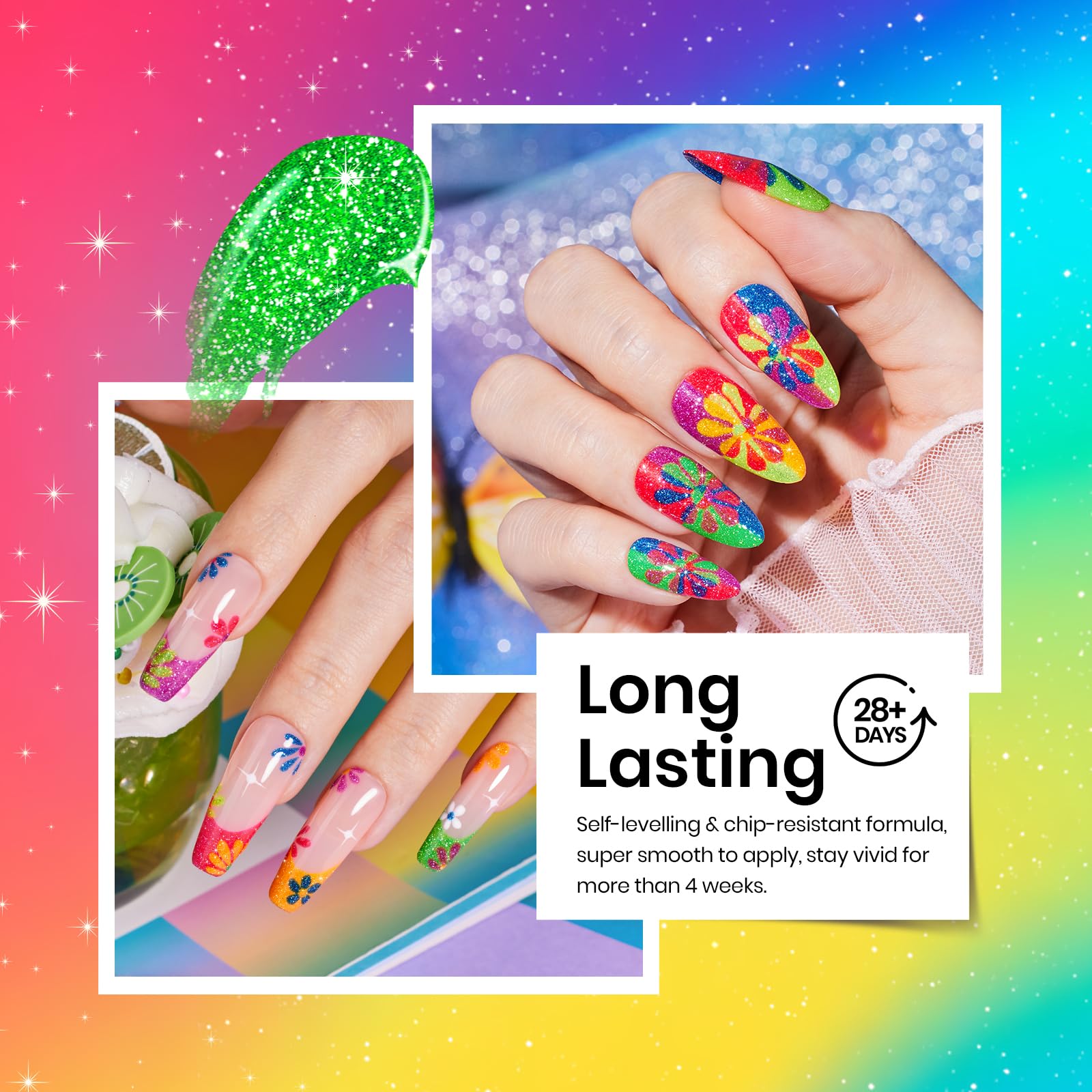 Beetles Gel Polish Neon Carnival collection swatches showcase bold neon glitter shades