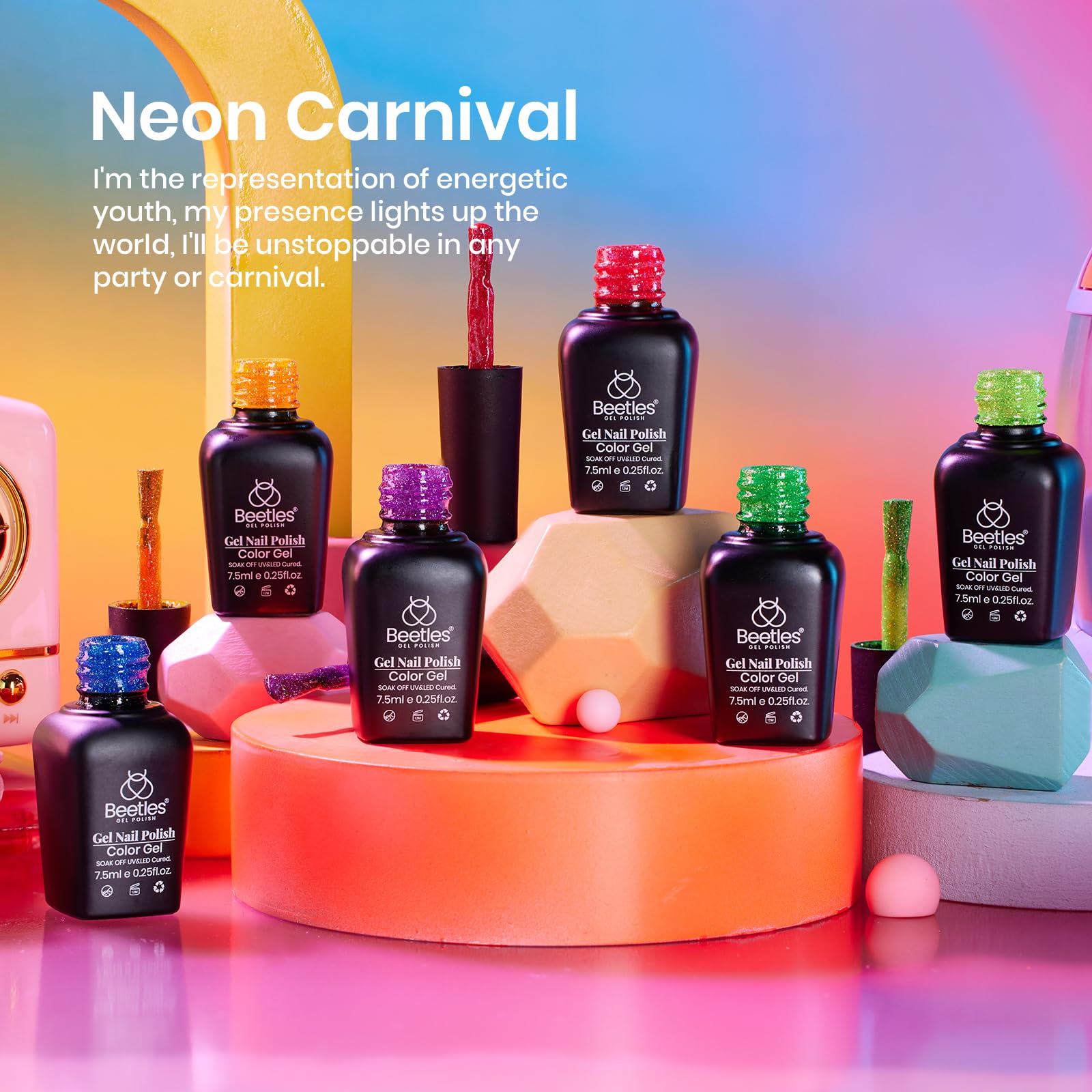 Beetles Gel Polish Neon Carnival color c303 closeup showcases shimmering finish