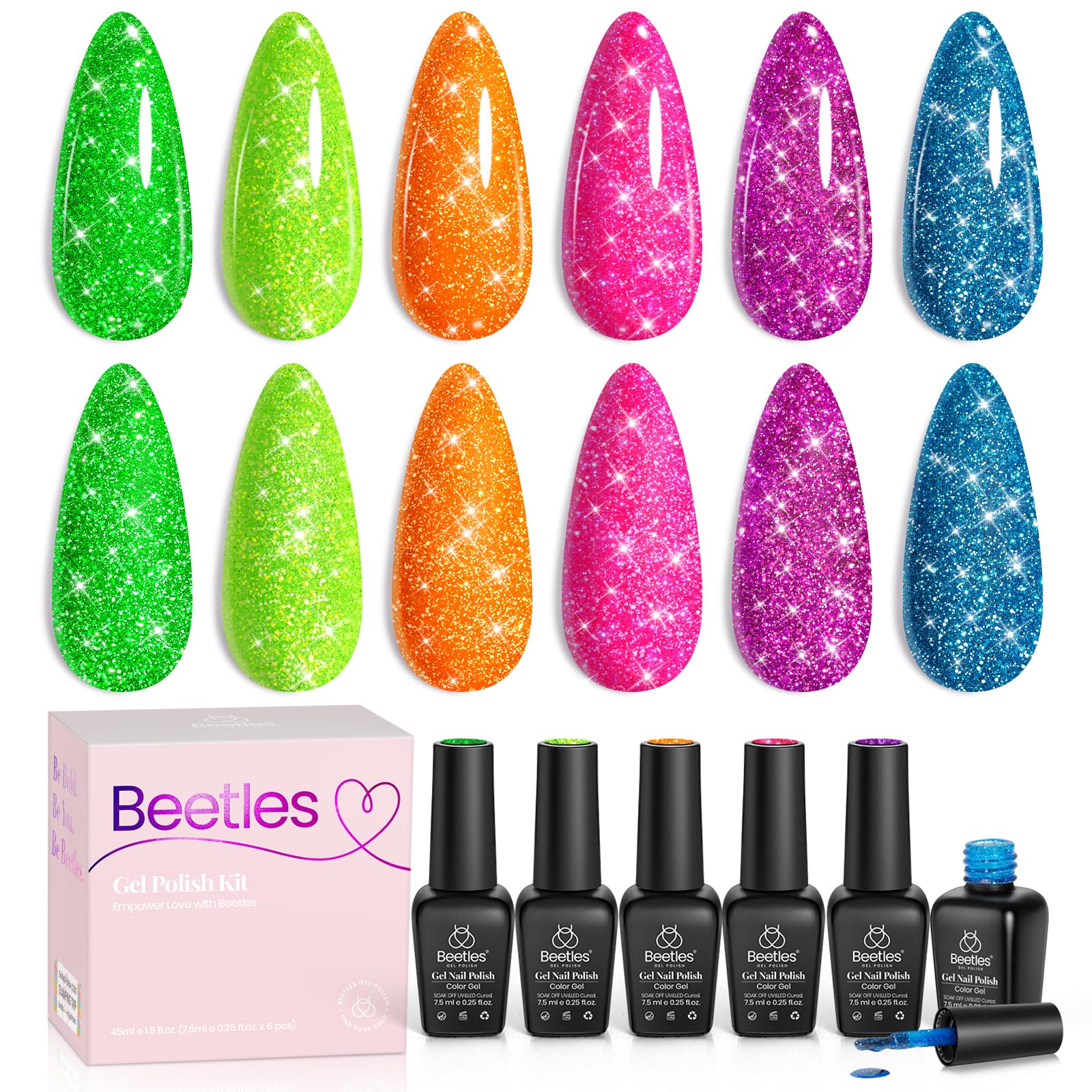 Beetles Gel Polish Neon Carnival kit flatlay highlights six glitter colors for festive nails