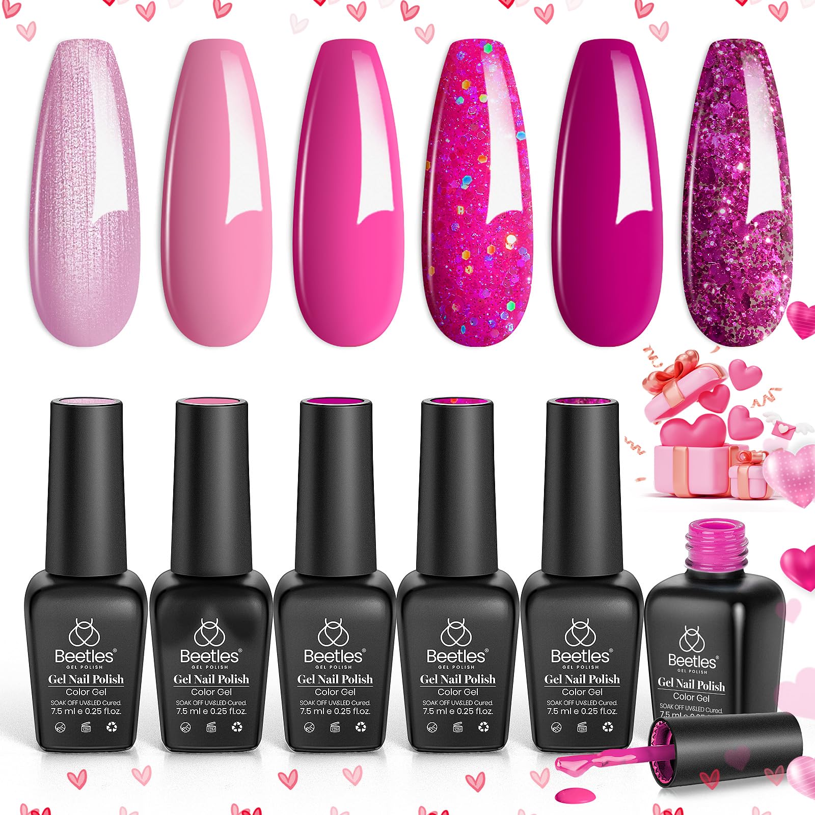 Beetles Gel Polish Pink Angel glitter-nude shade on nails adds glam sparkle.