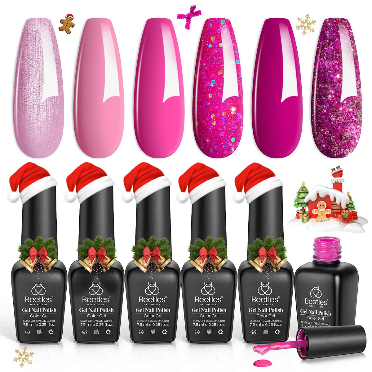 Beetles Gel Polish Pink Angel kit box showing six pink shades for holiday nails.