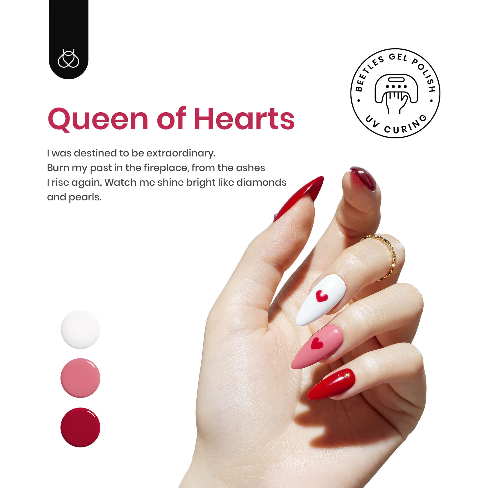 Beetles Queen of Hearts red glitter gel polish adds festive sparkle for celebrations.