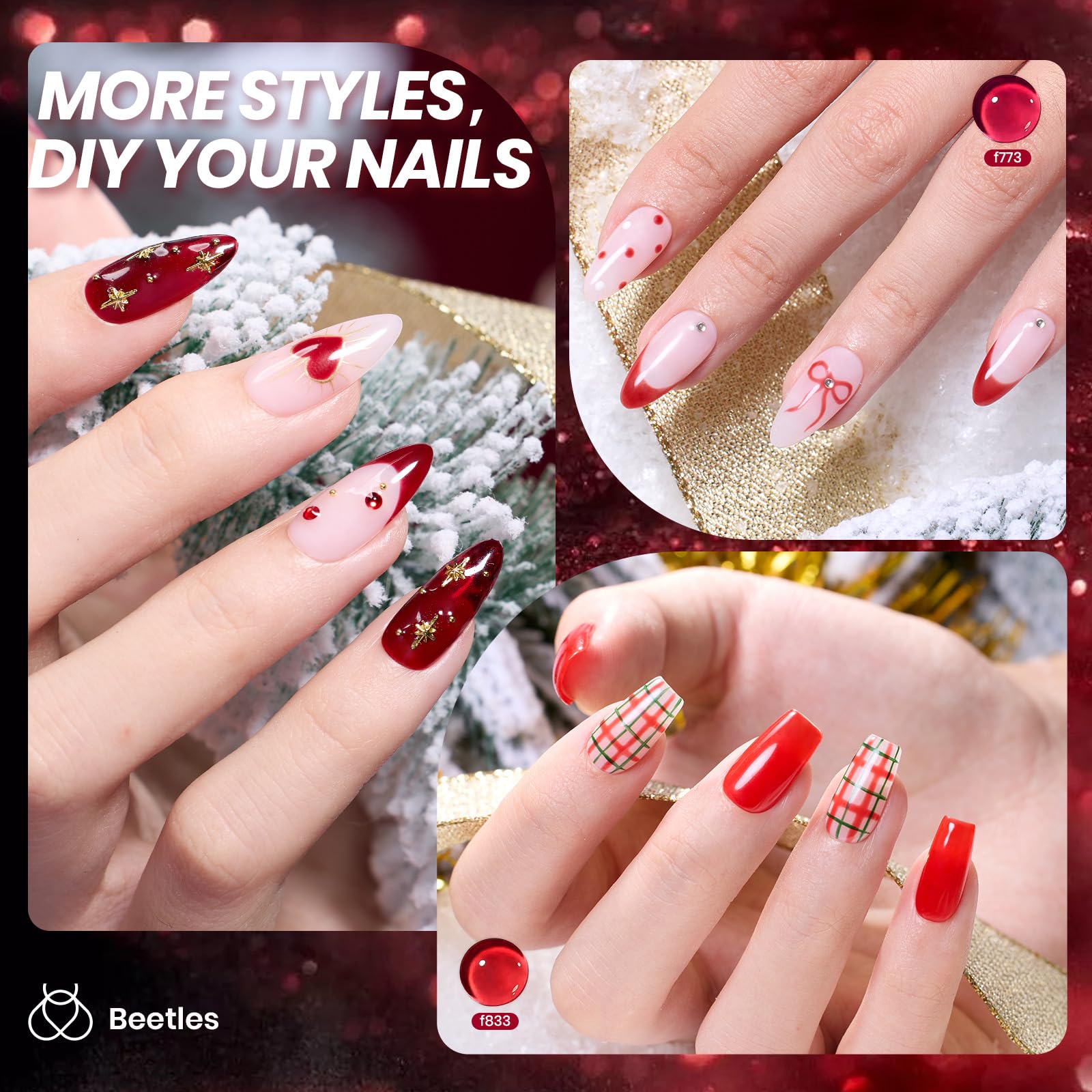 Beetles Red Jelly swatch demonstrates luminous gloss finish for salon-like shine.