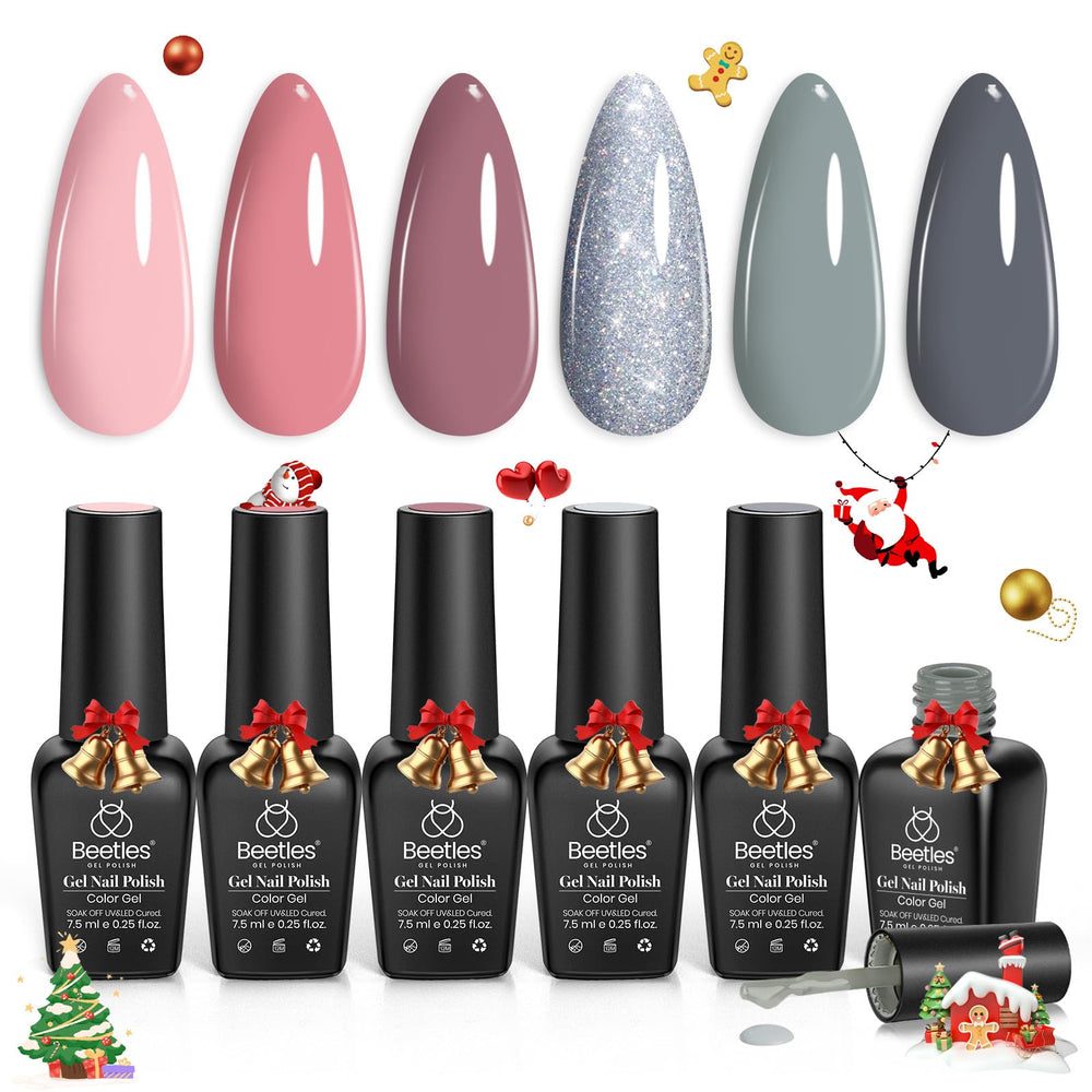 Beetles Gel Polish Set 6 Colors swatches in pink nude gray glitter for wedding nails.