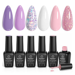 Beetles Gel Polish Set 6 colors swatches show spring glitter shades for versatile looks.