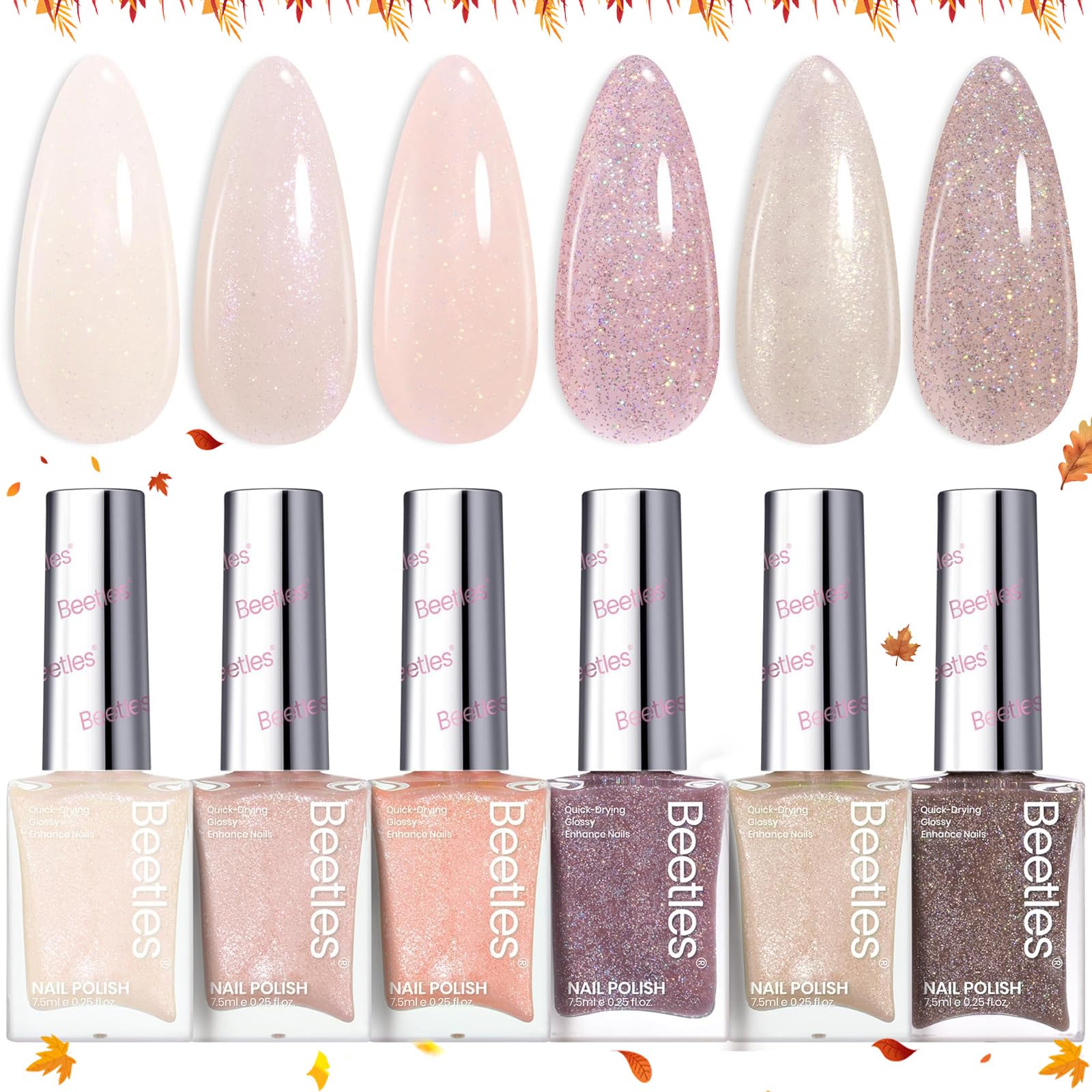 Beetles Gel Polish Set nude colors swatches provide versatile coverage for daily looks.