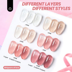 Beetles Gel Polish Whispers of Love nails swatch highlights glossy jelly finish for sheer nails.