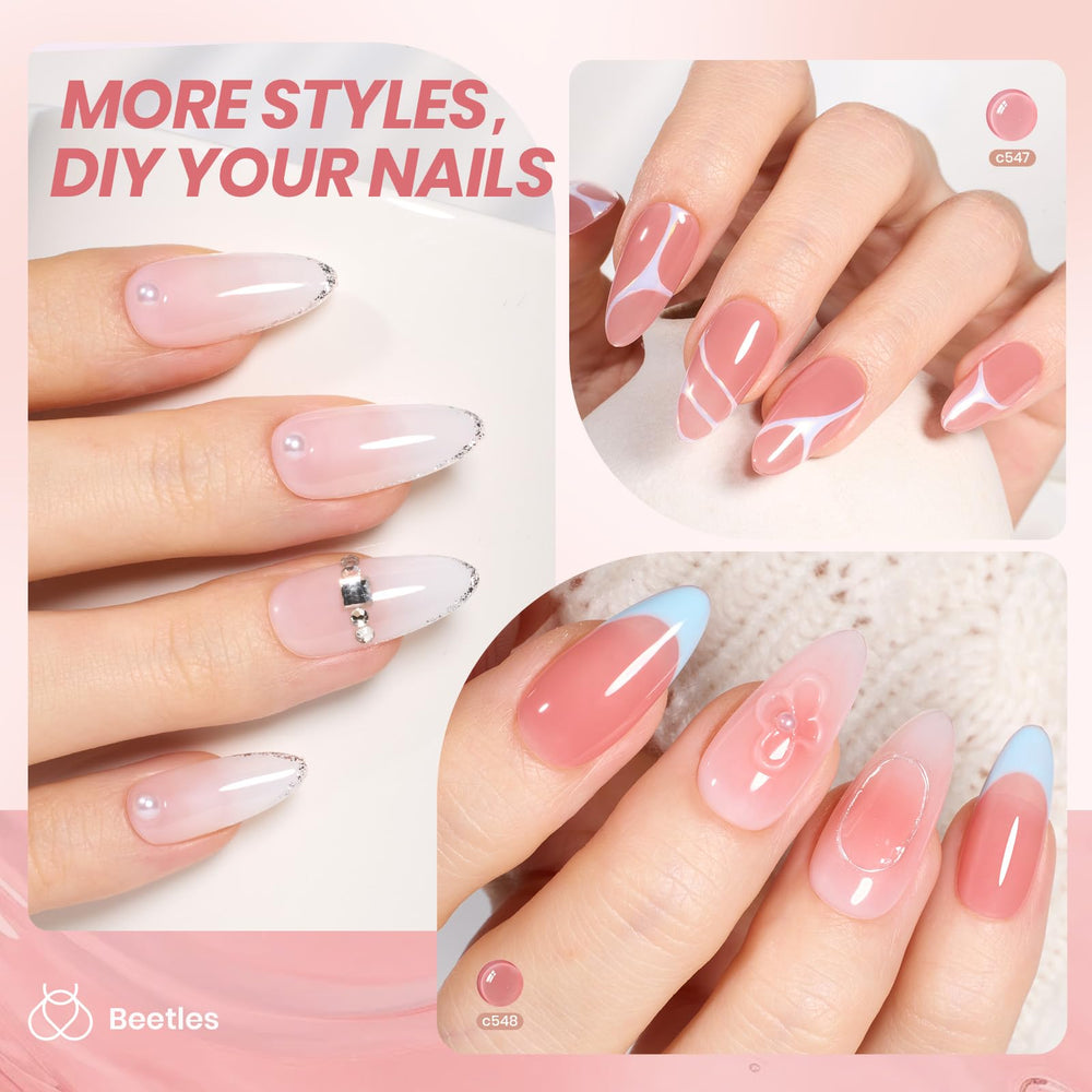 Beetles Gel Polish Whispers of Love swirl nails shows layering options for nude-pink looks.