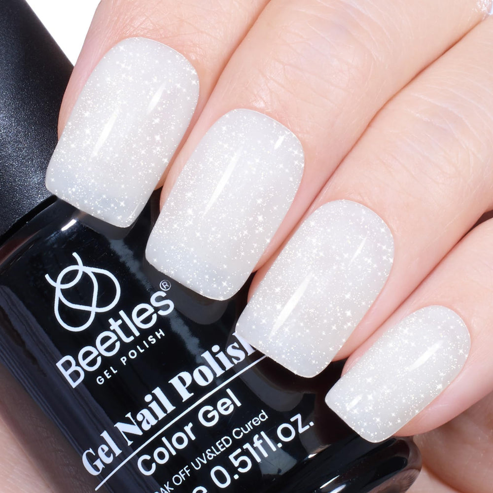 Beetles gel polish white bottle-front emphasizes rich pigment for French manicure.