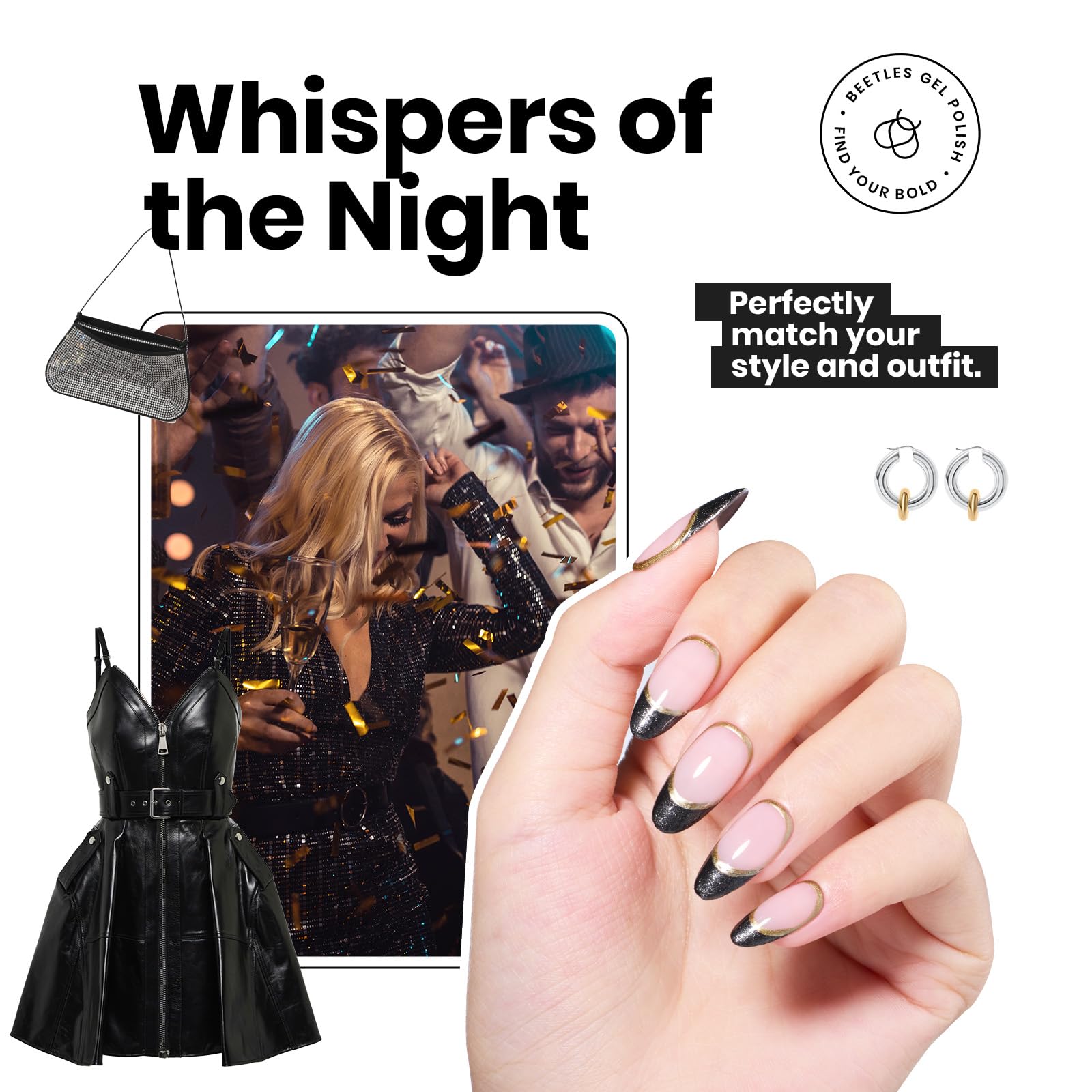 Beetles Gel Polish winter manicure with sparkling black glitter adds festive flair